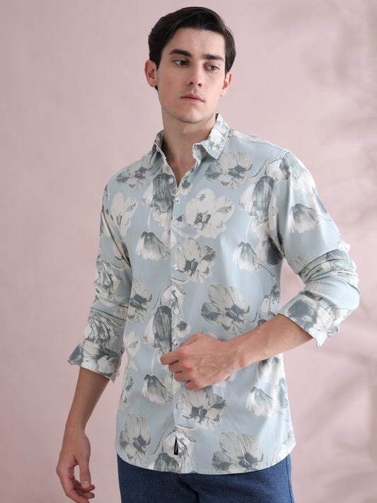 Full sleeve Aqua Blue Lycra Shirt Printed for Men
