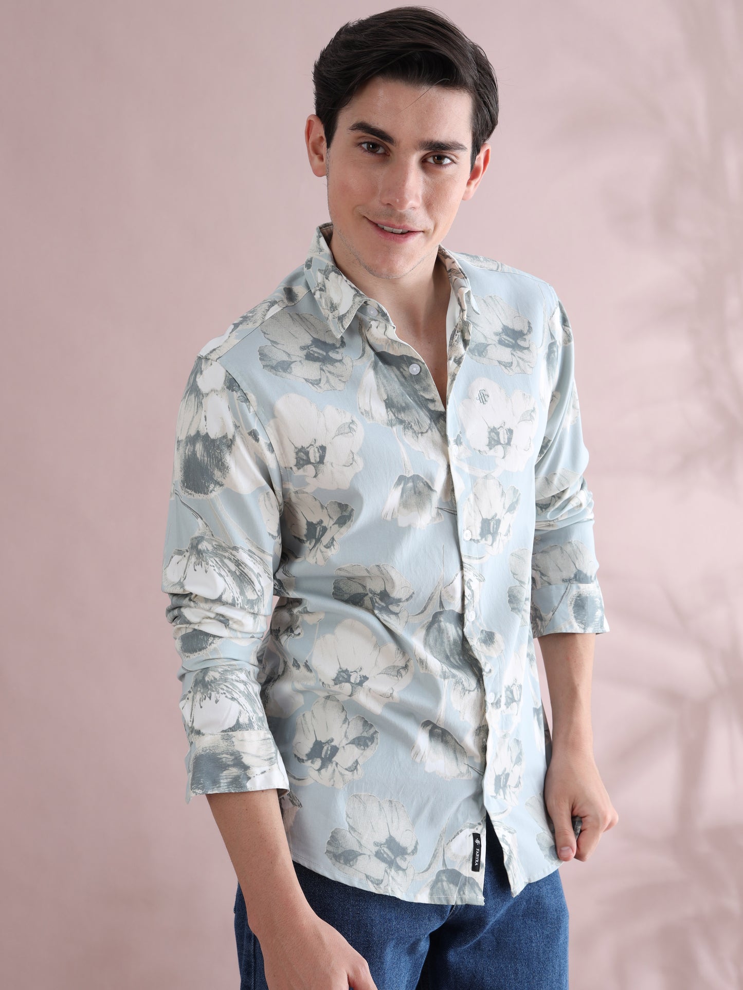 Full sleeve Aqua Blue Lycra Shirt Printed for Men