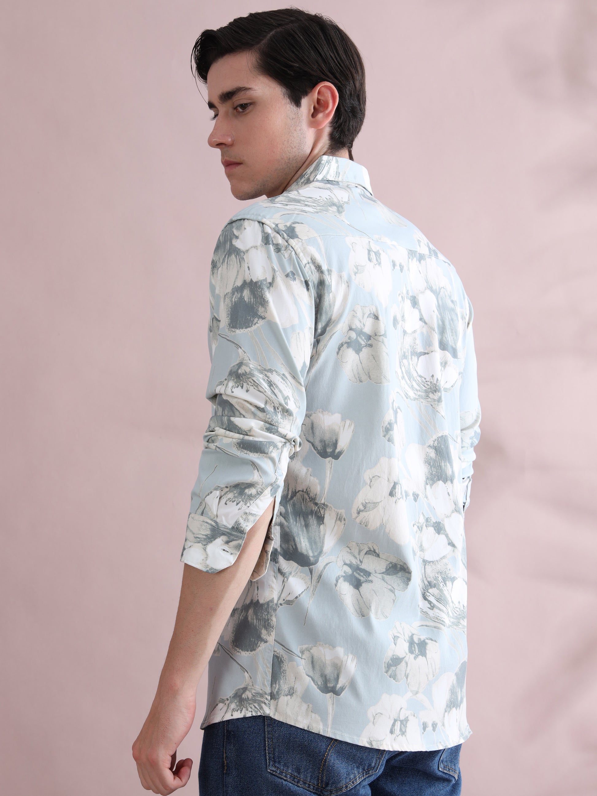 Full sleeve Aqua Blue Lycra Shirt Printed for Men