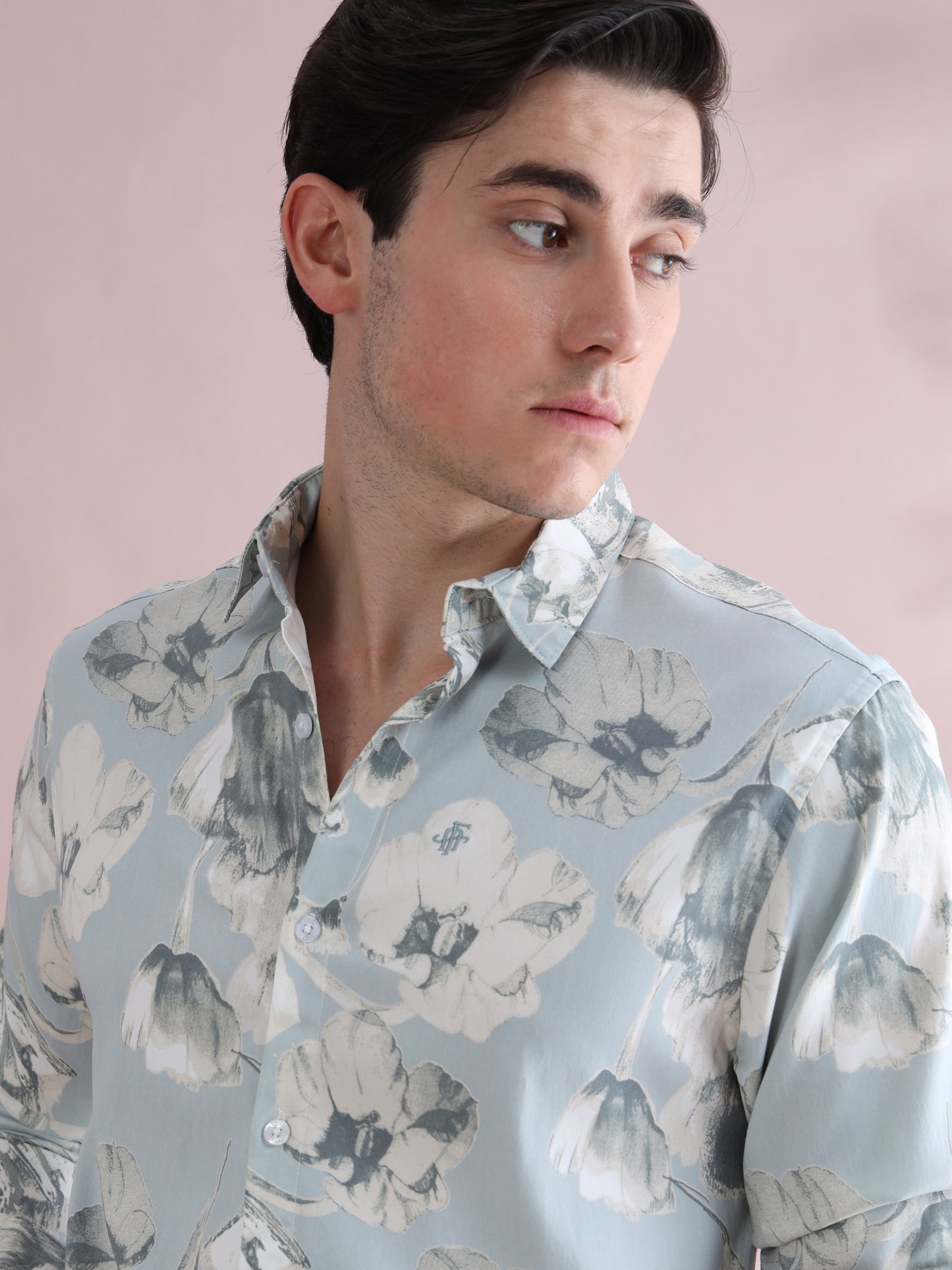 Full sleeve Aqua Blue Lycra Shirt Printed for Men
