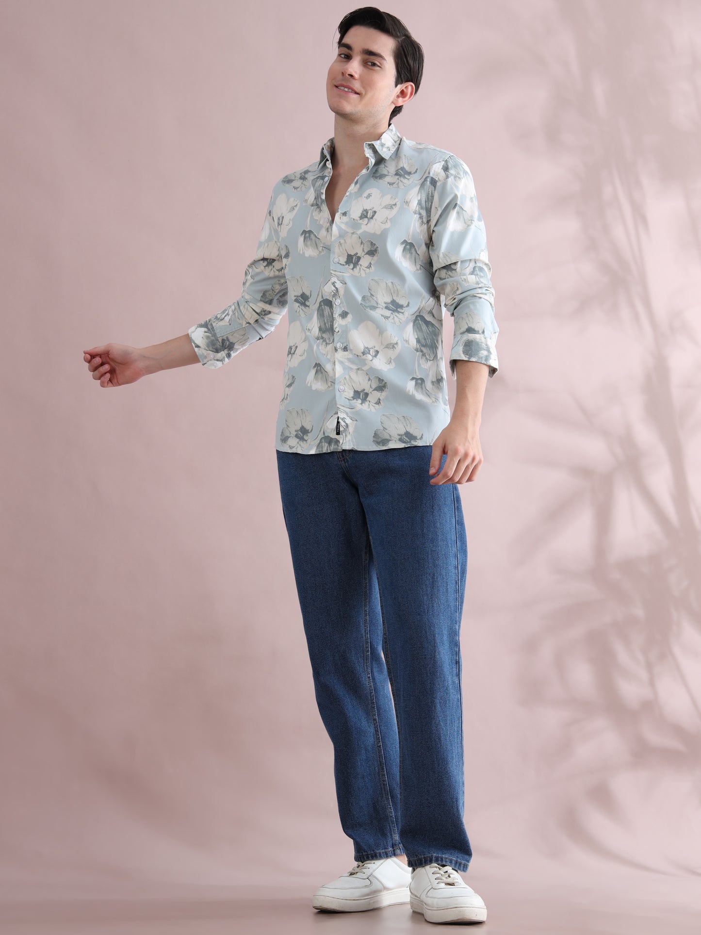 Full sleeve Aqua Blue Lycra Shirt Printed for Men