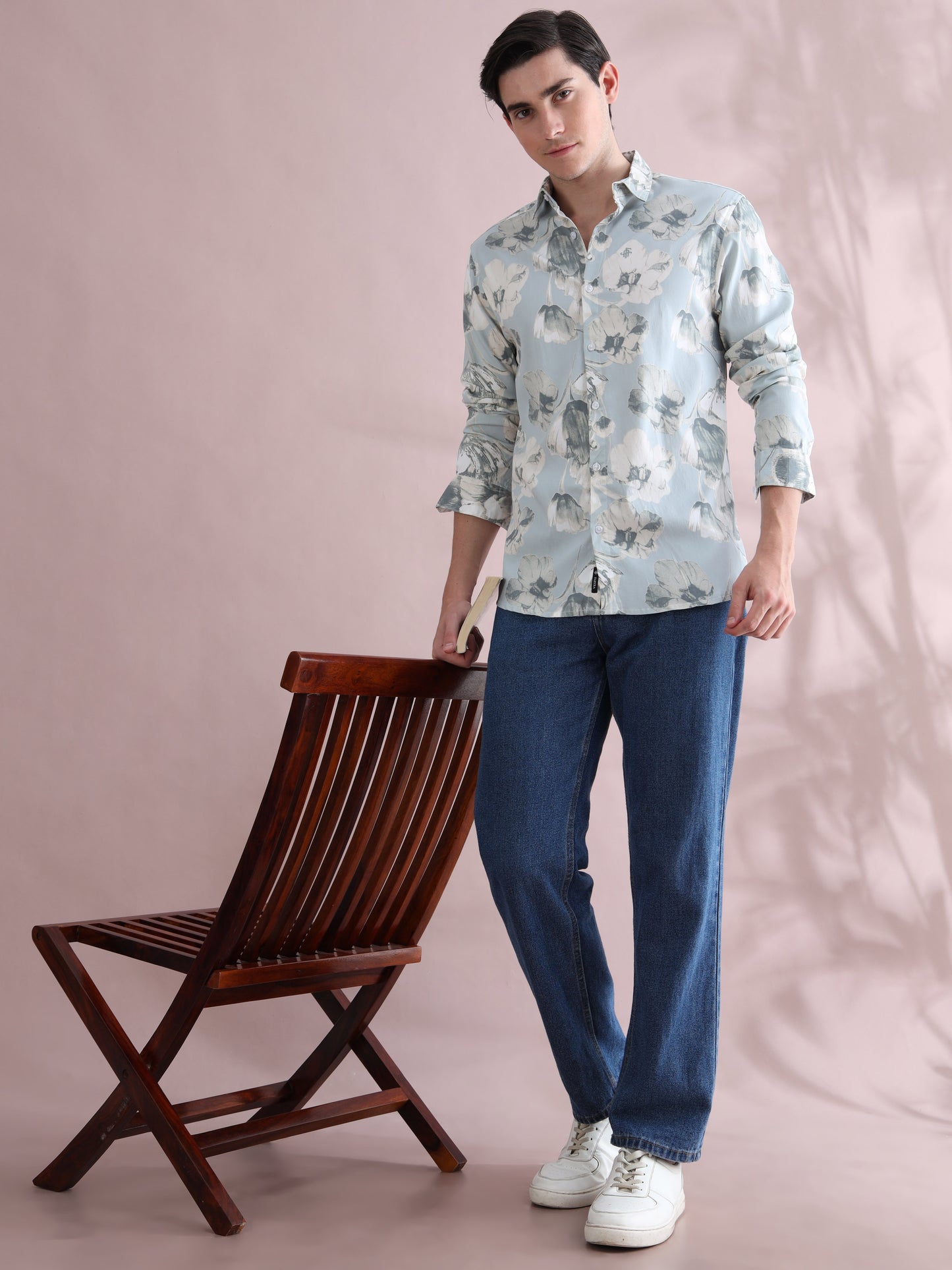 Full sleeve Aqua Blue Lycra Shirt Printed for Men