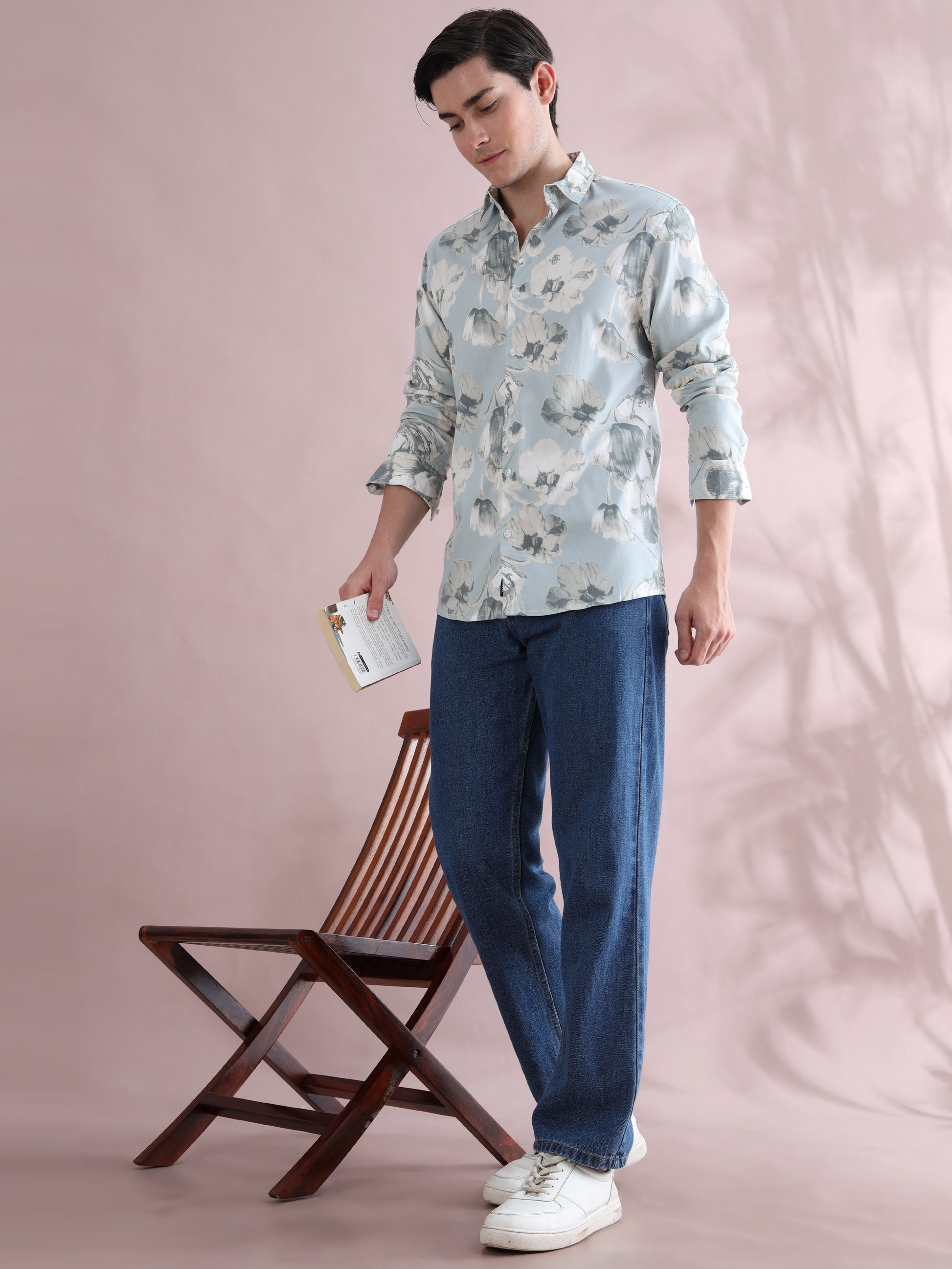 Full sleeve Aqua Blue Lycra Shirt Printed for Men