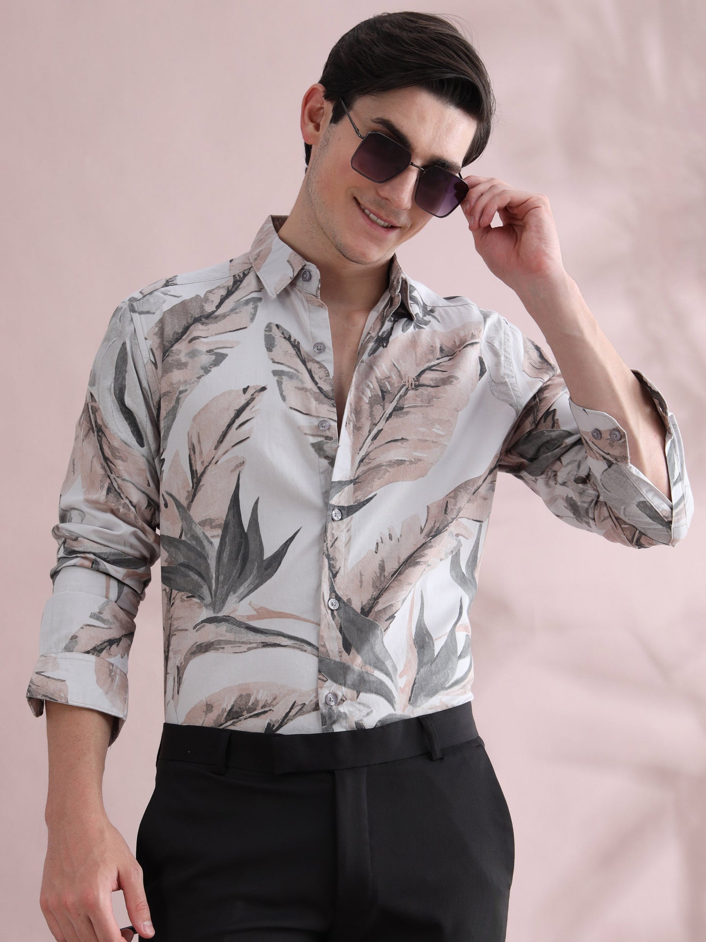 Leaf Printed Beige & Grey Tropical Shirt for Men