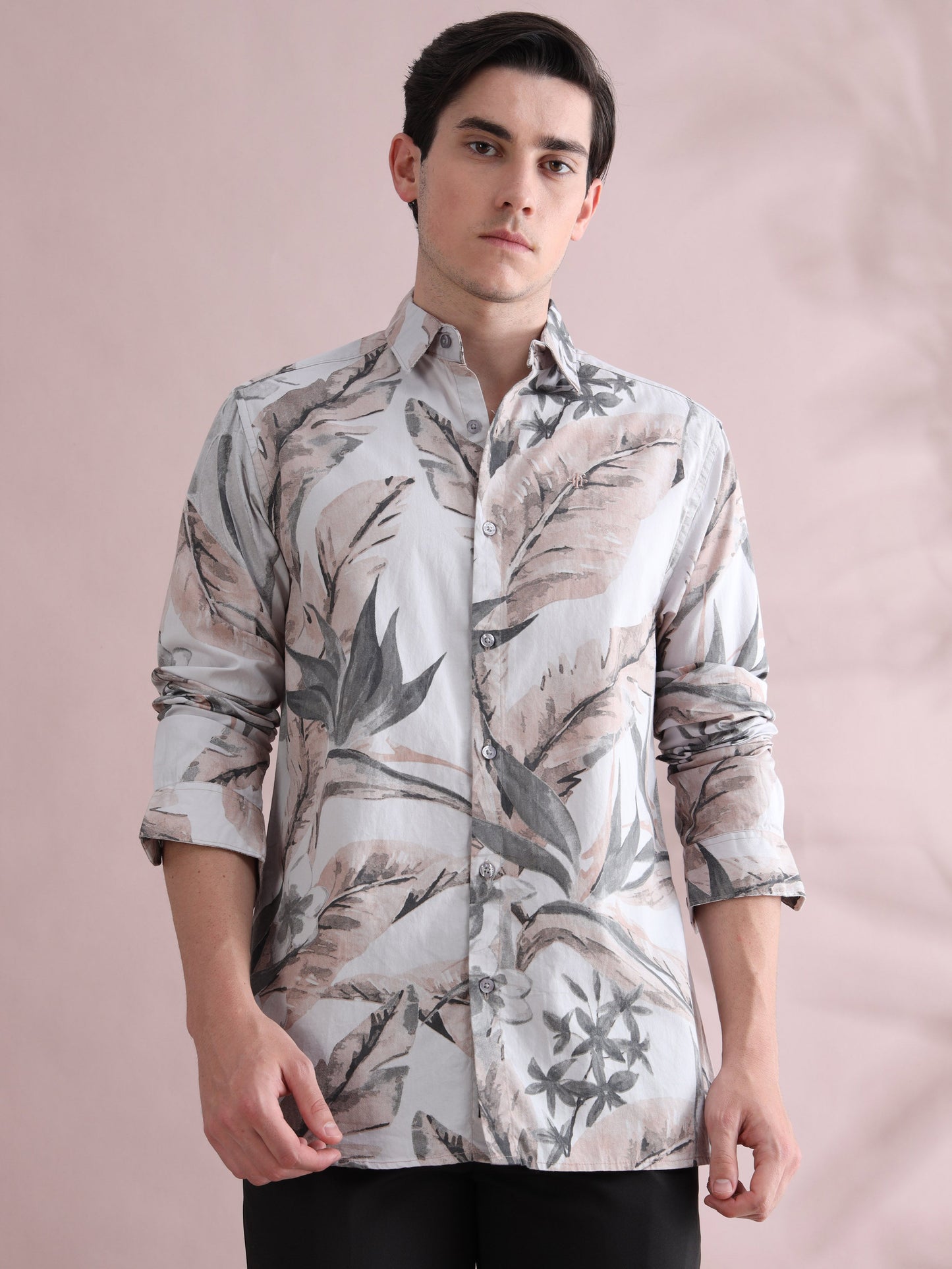 Leaf Printed Beige & Grey Tropical Shirt for Men