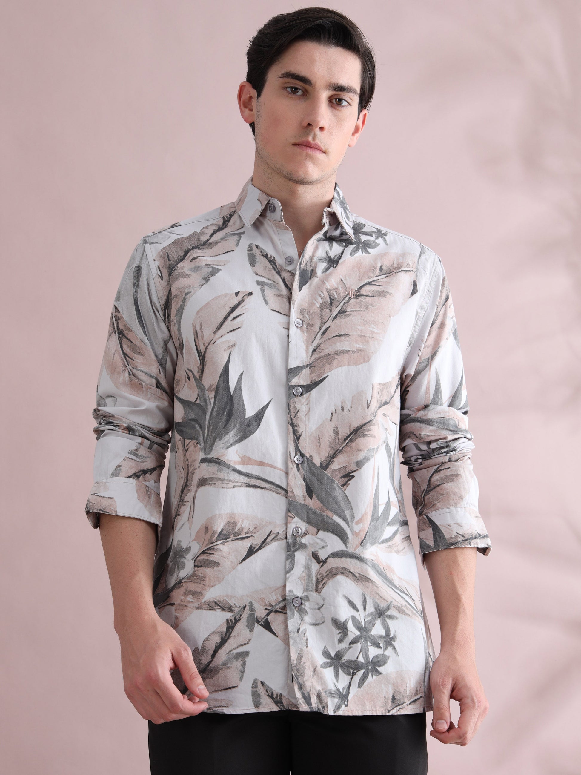 Leaf Printed Beige & Grey Tropical Shirt for Men