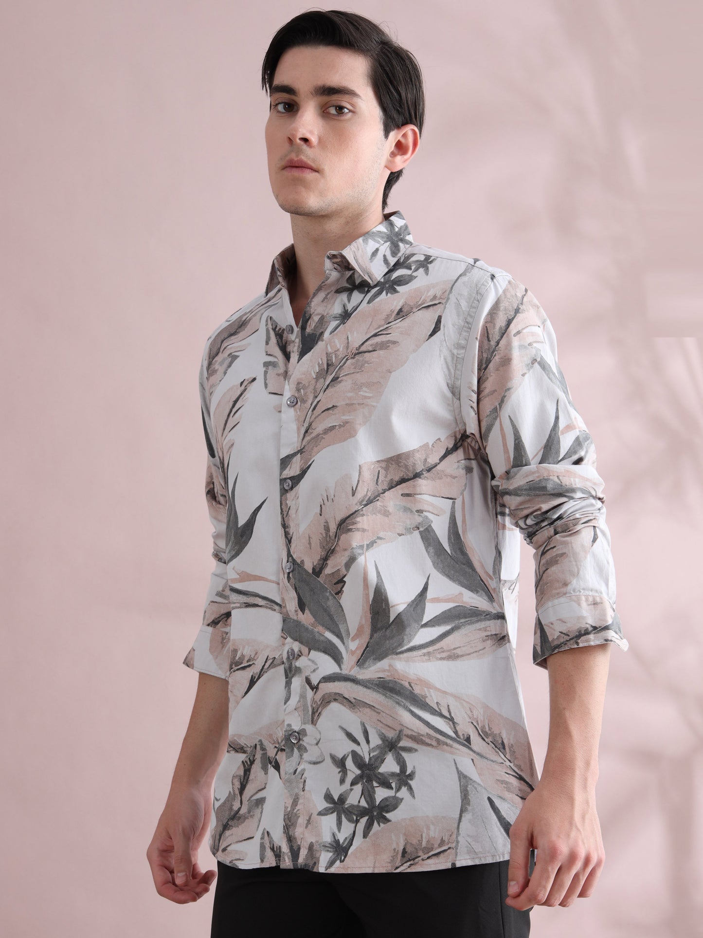 Leaf Printed Beige & Grey Tropical Shirt for Men