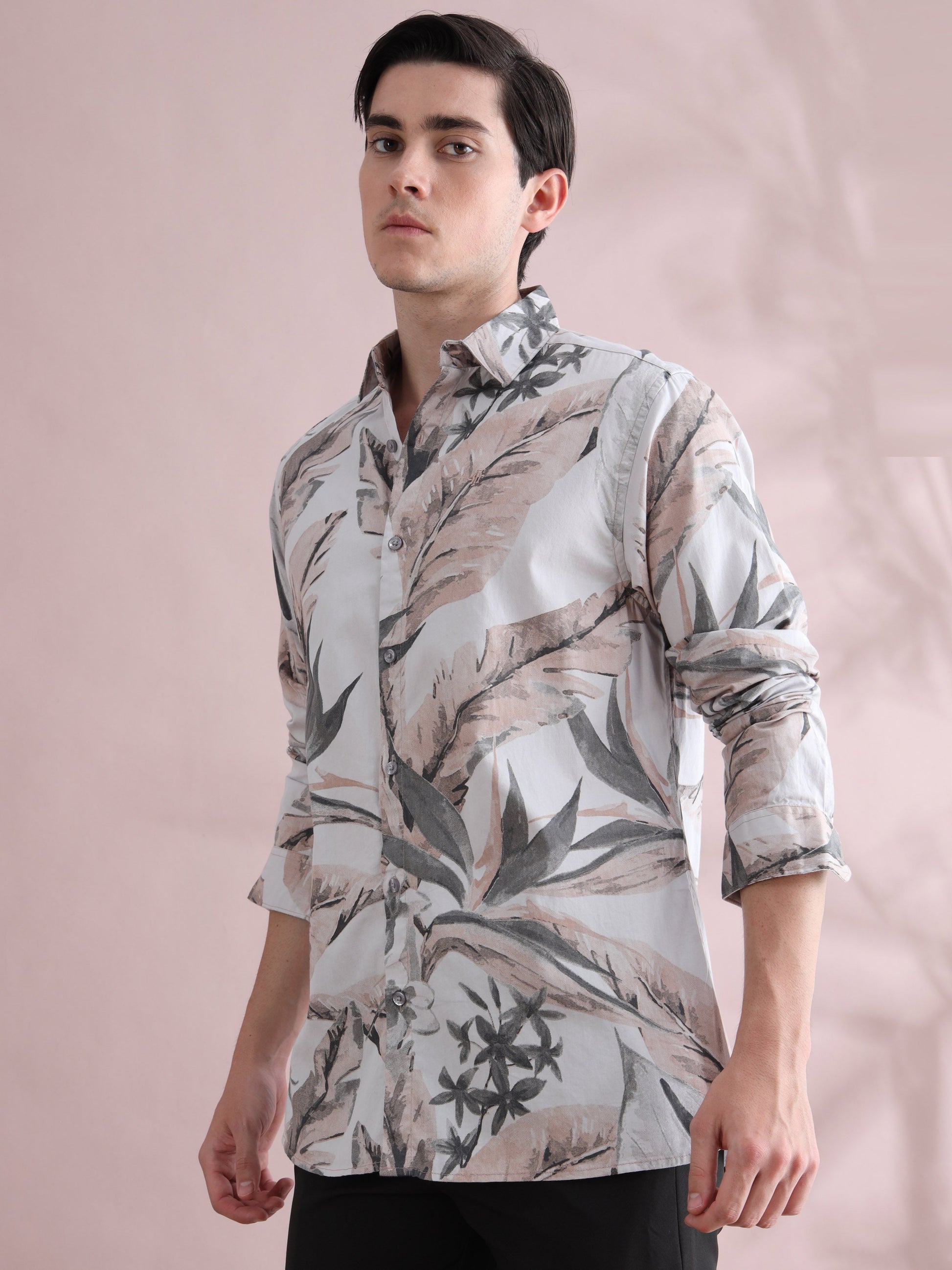 Leaf Printed Beige & Grey Tropical Shirt for Men