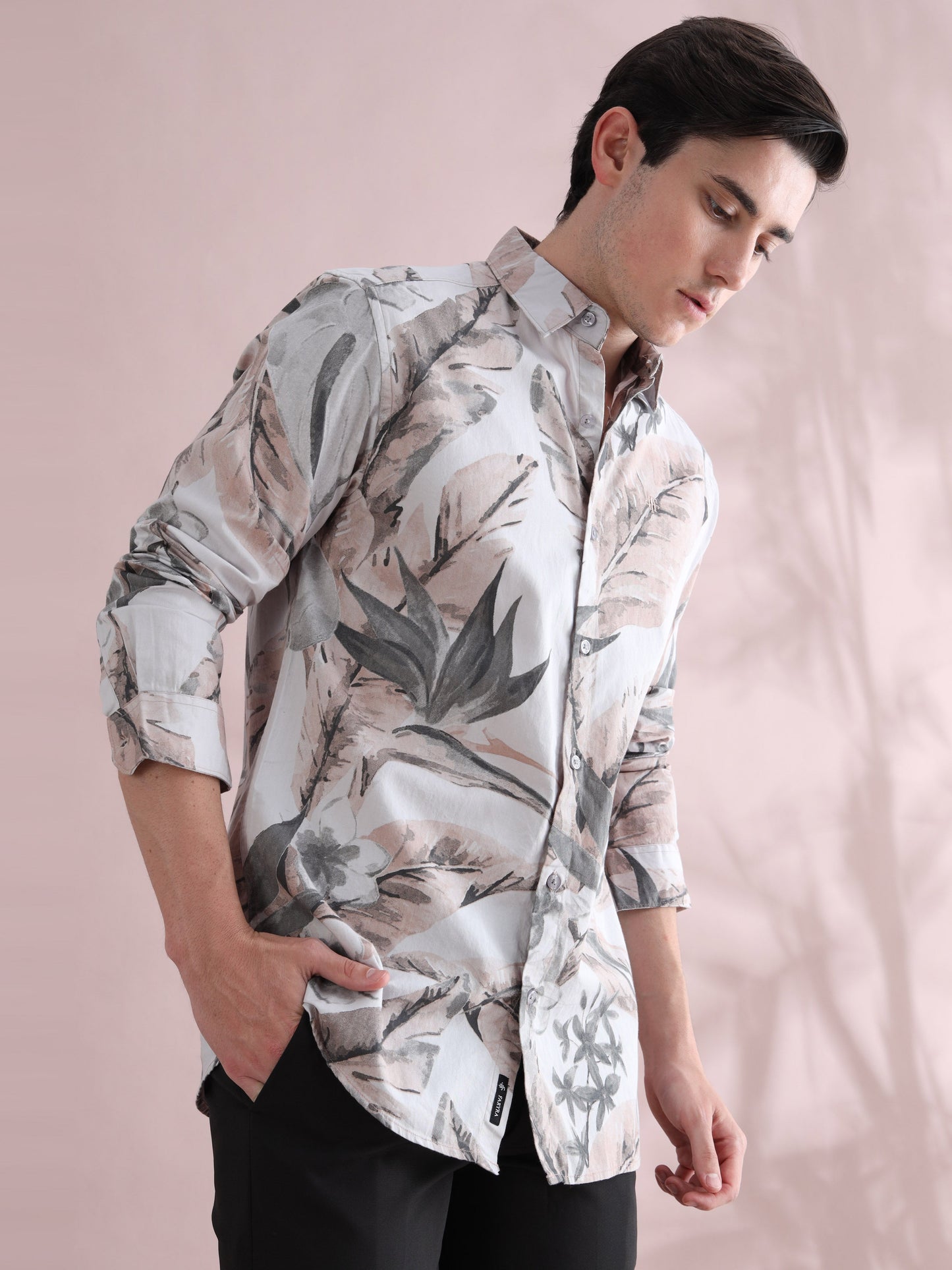 Leaf Printed Beige & Grey Tropical Shirt for Men