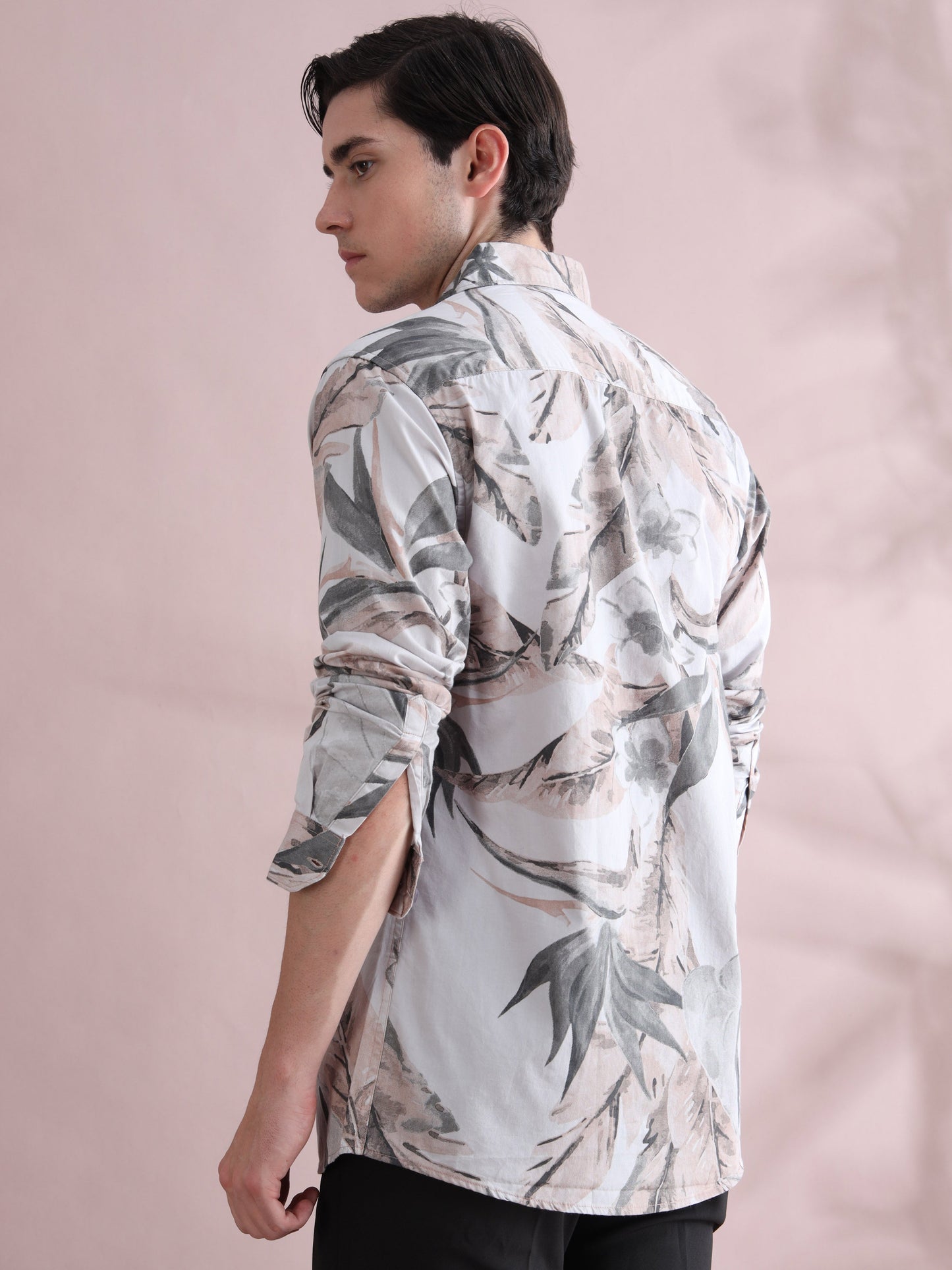 Leaf Printed Beige & Grey Tropical Shirt for Men