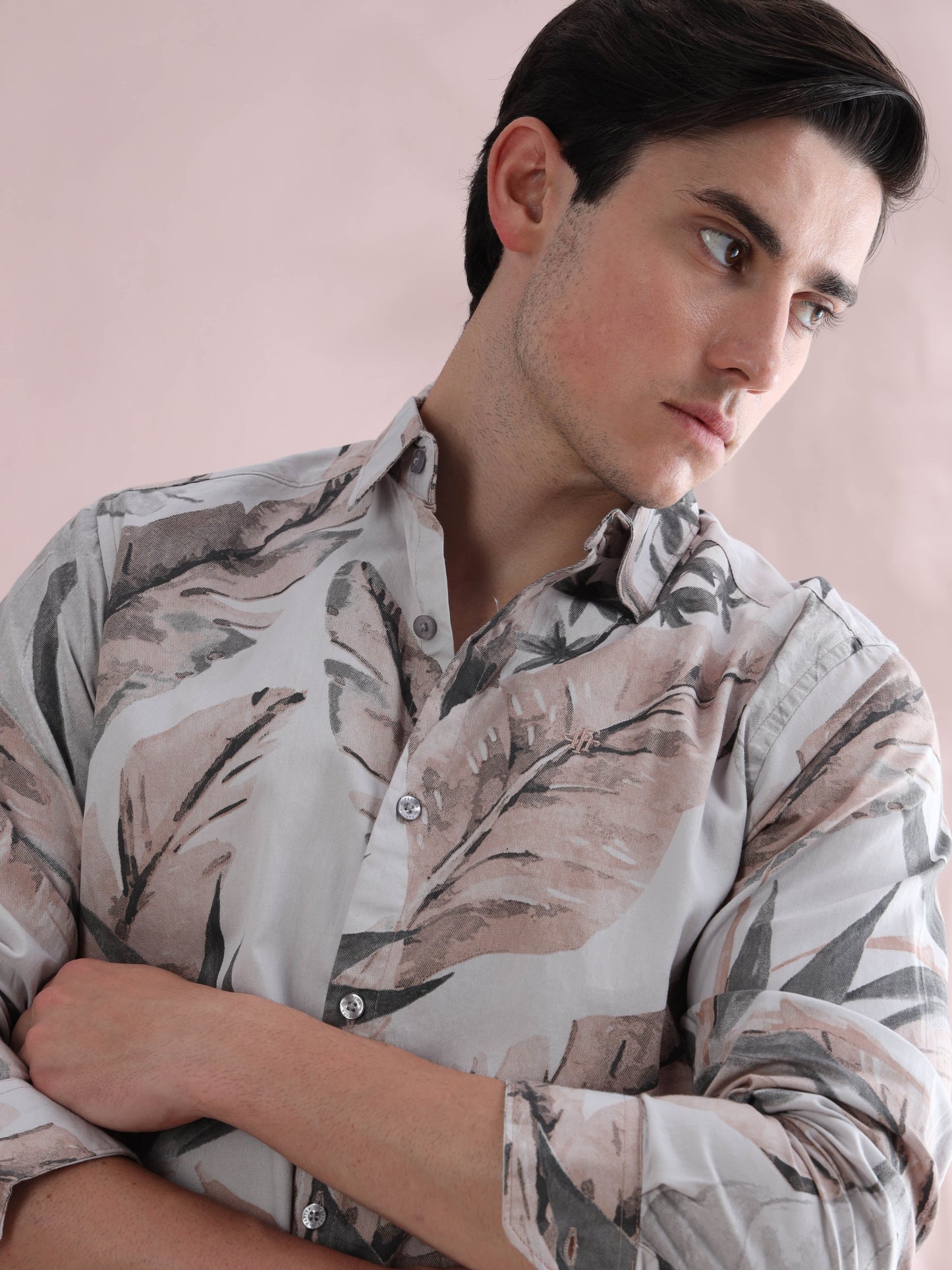 Leaf Printed Beige & Grey Tropical Shirt for Men