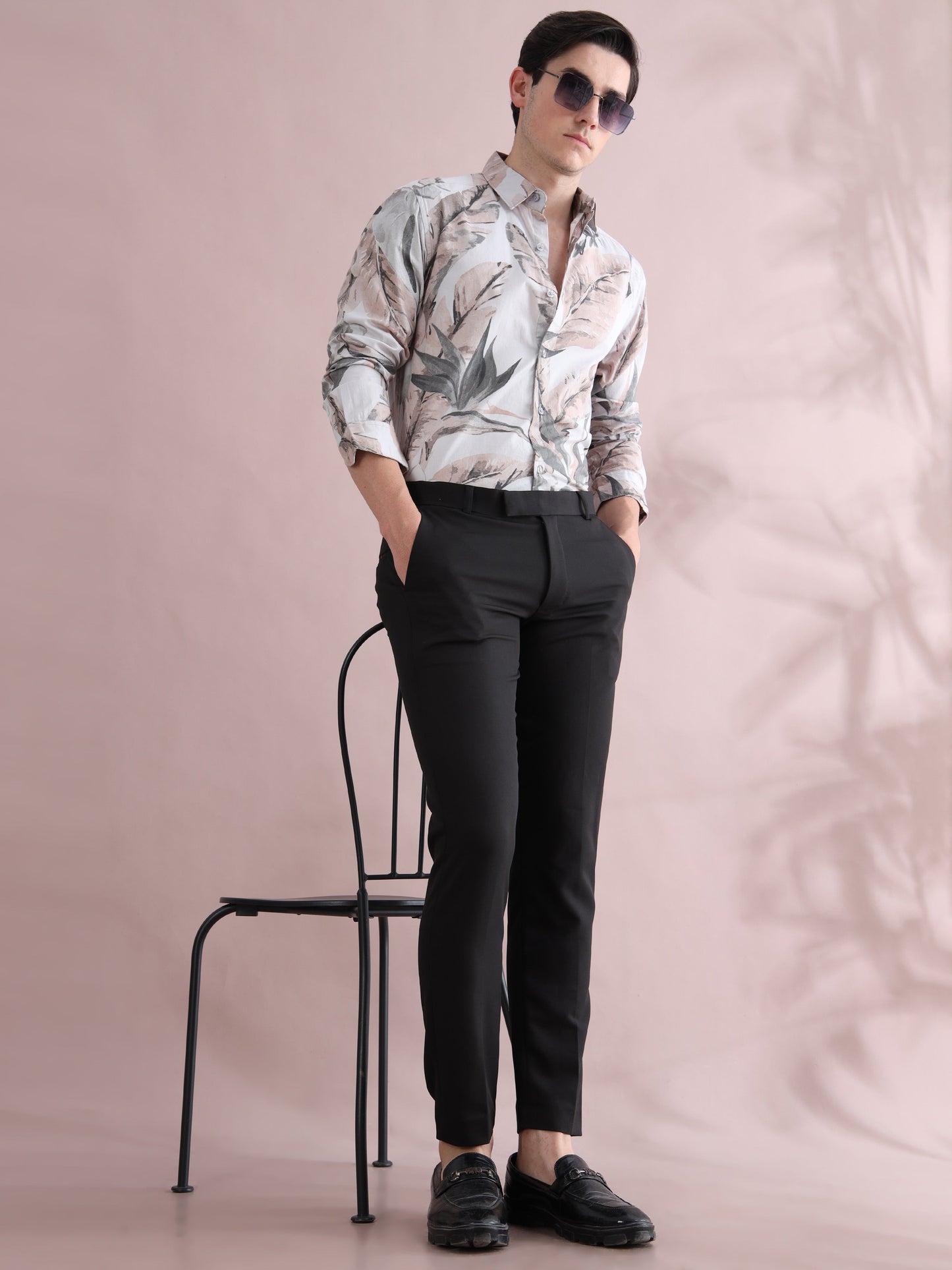 Leaf Printed Beige & Grey Tropical Shirt for Men
