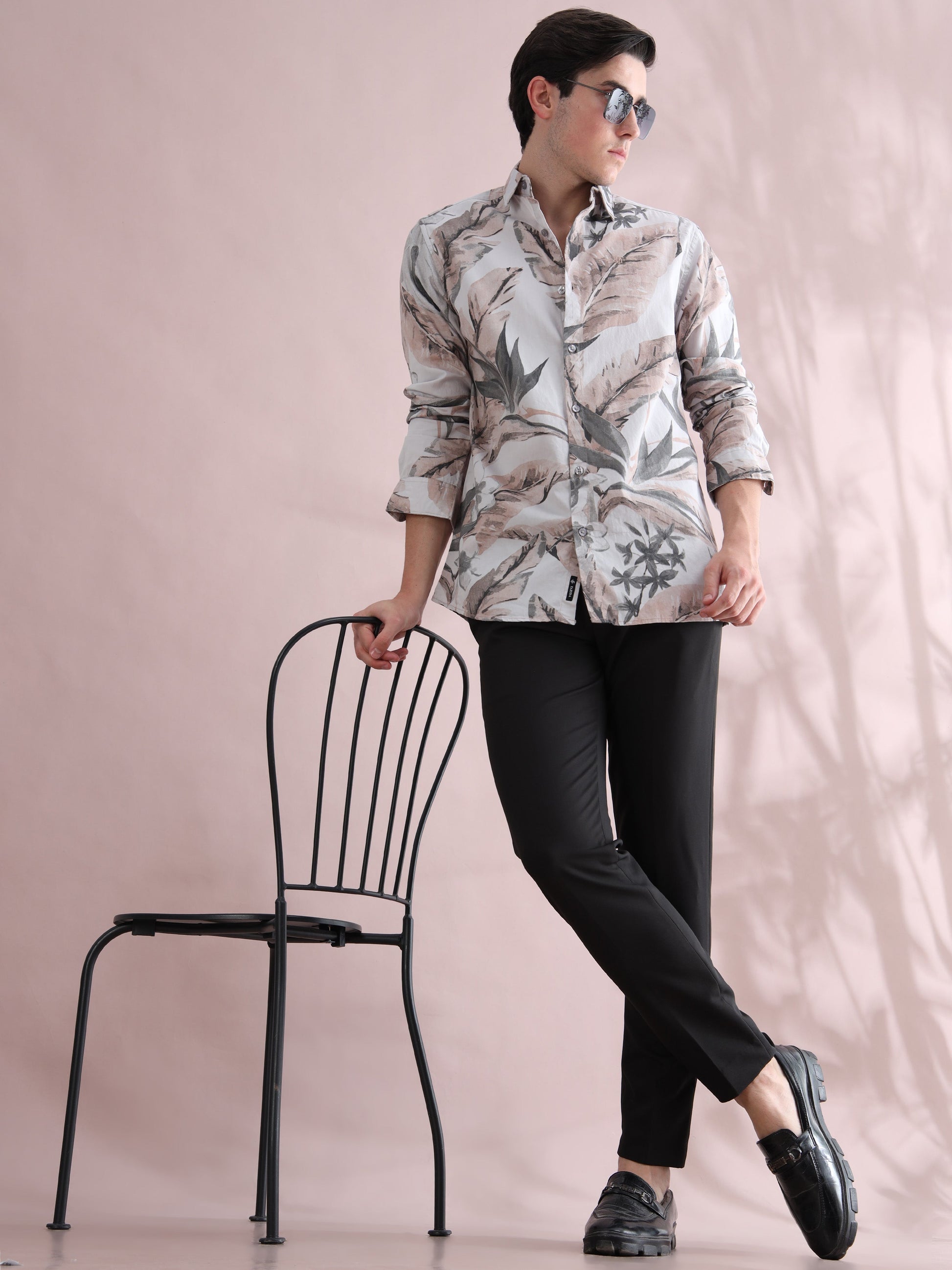 Leaf Printed Beige & Grey Tropical Shirt for Men