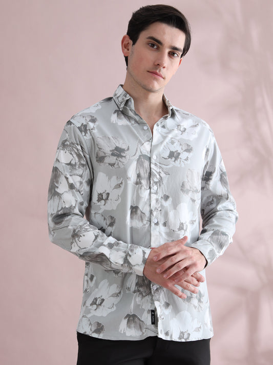 Full Sleeve Grey Printed Lycra Shirt for Men