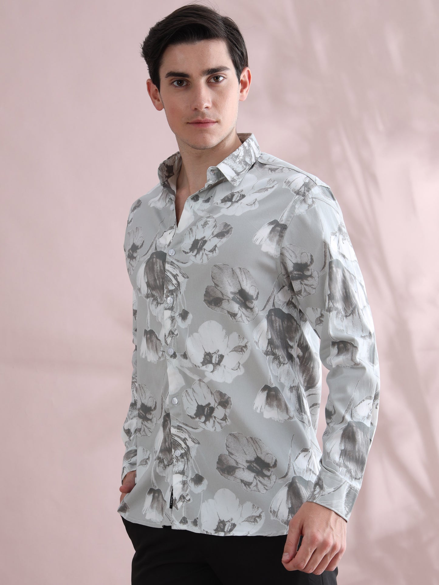 Full Sleeve Grey Printed Lycra Shirt for Men
