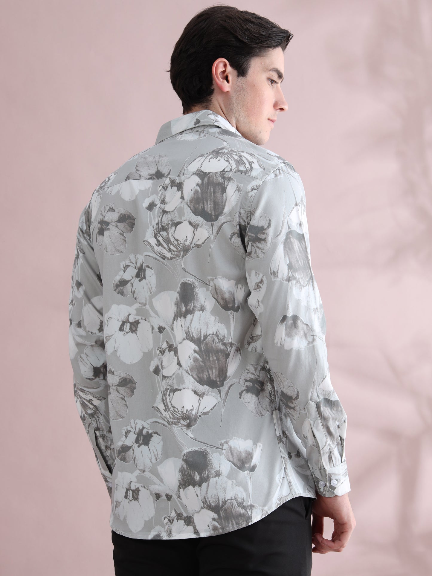 Full Sleeve Grey Printed Lycra Shirt for Men