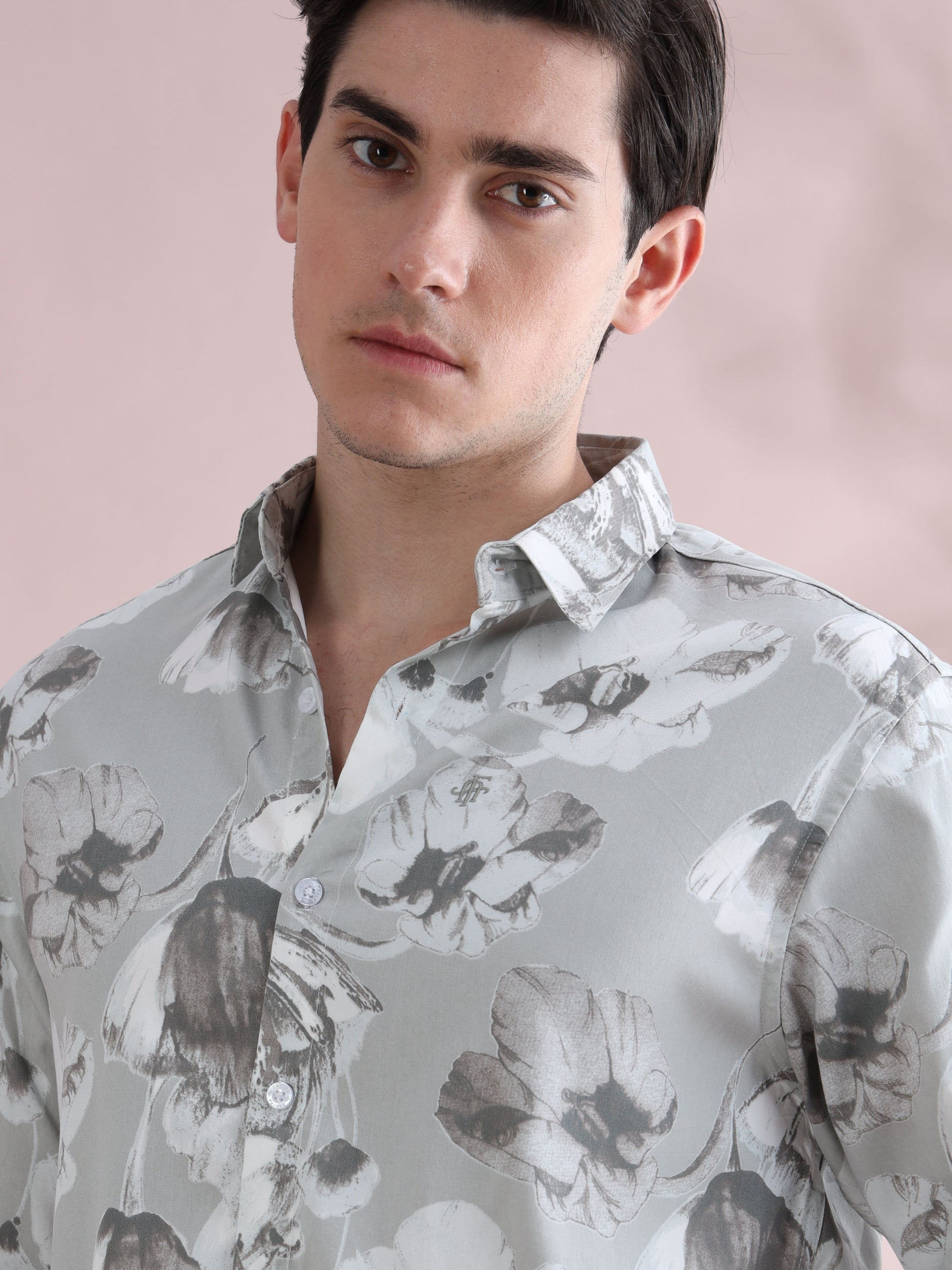 Full Sleeve Grey Printed Lycra Shirt for Men