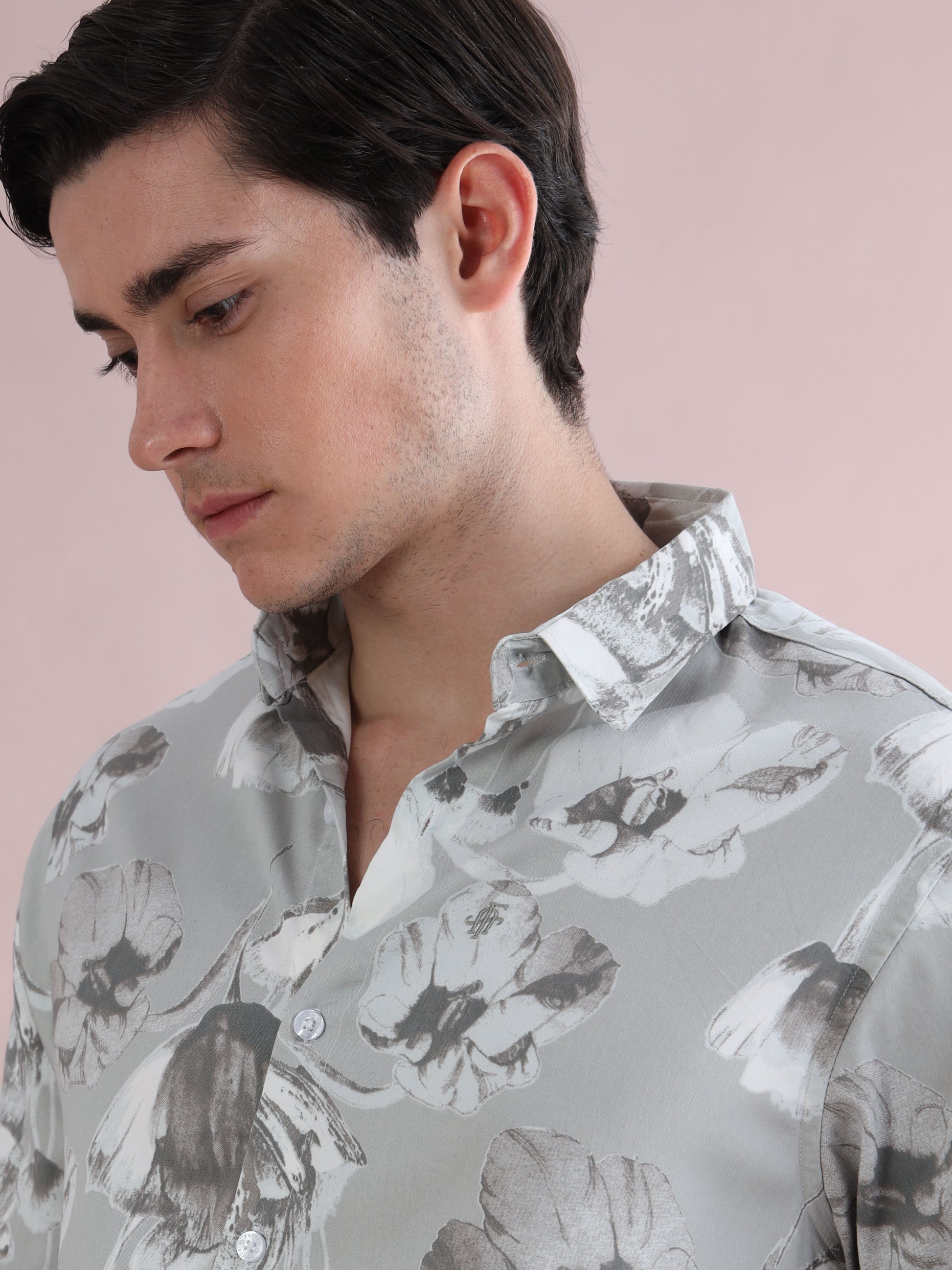Full Sleeve Grey Printed Lycra Shirt for Men