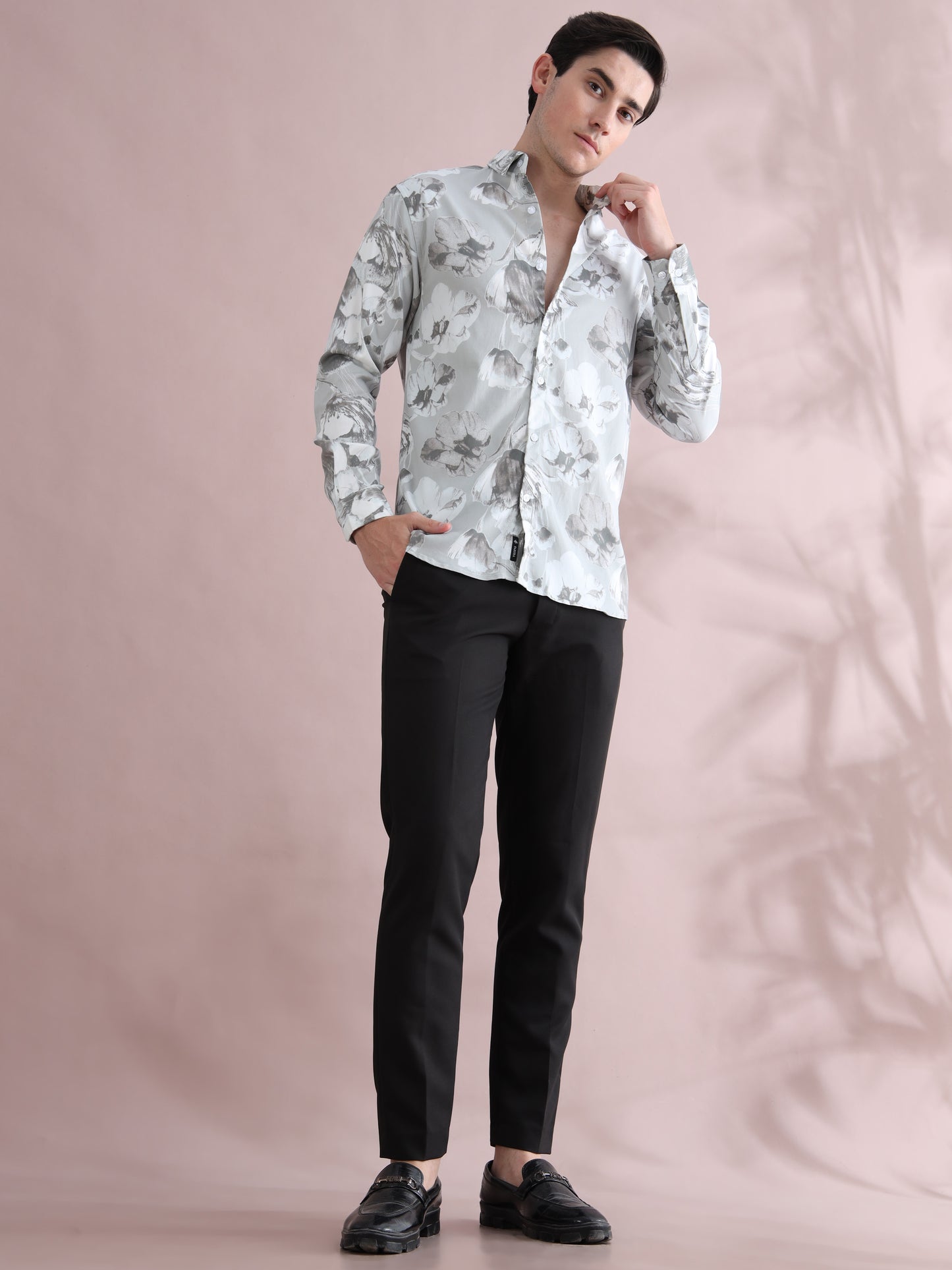 Full Sleeve Grey Printed Lycra Shirt for Men