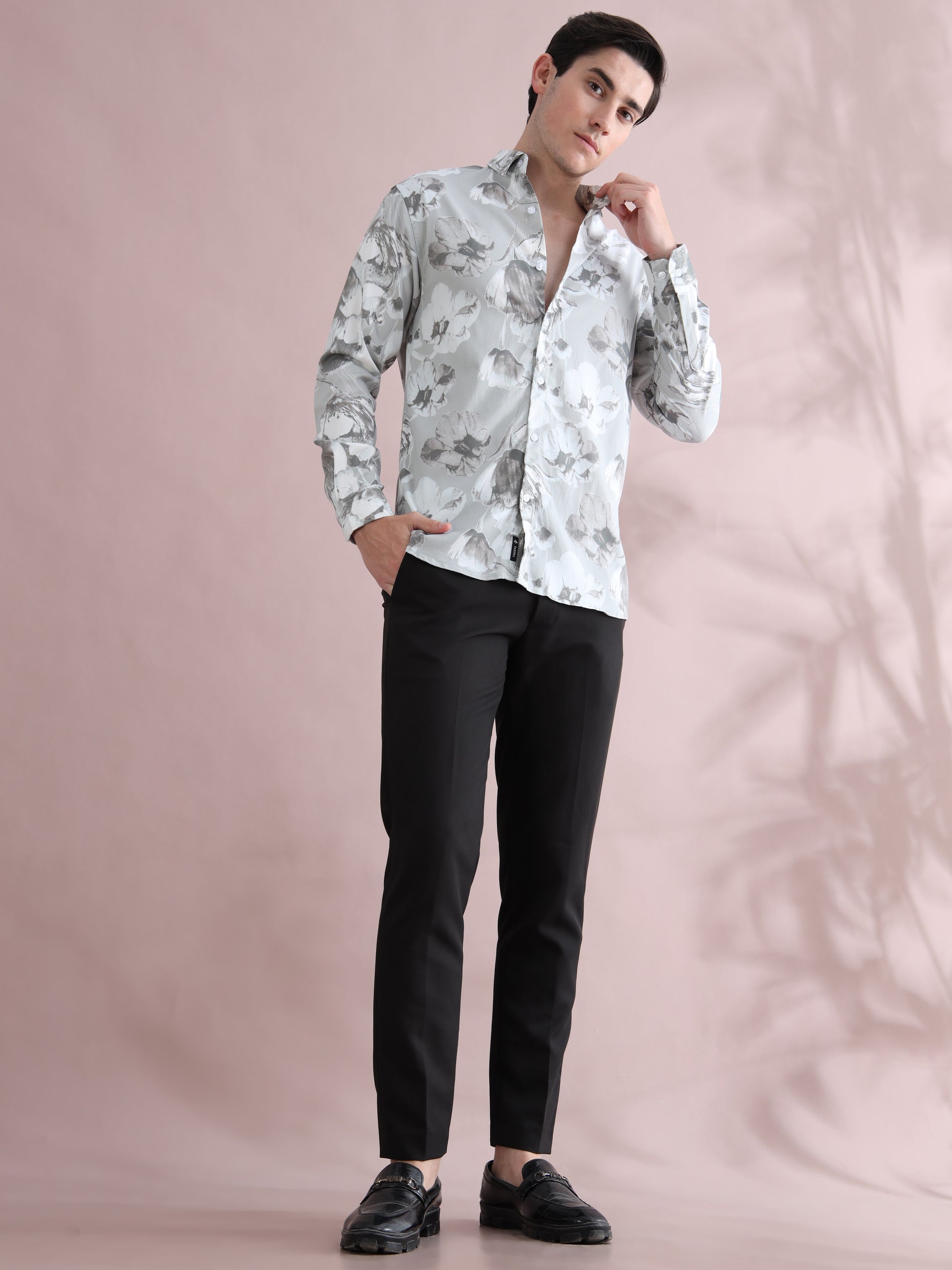 Full Sleeve Grey Printed Lycra Shirt for Men