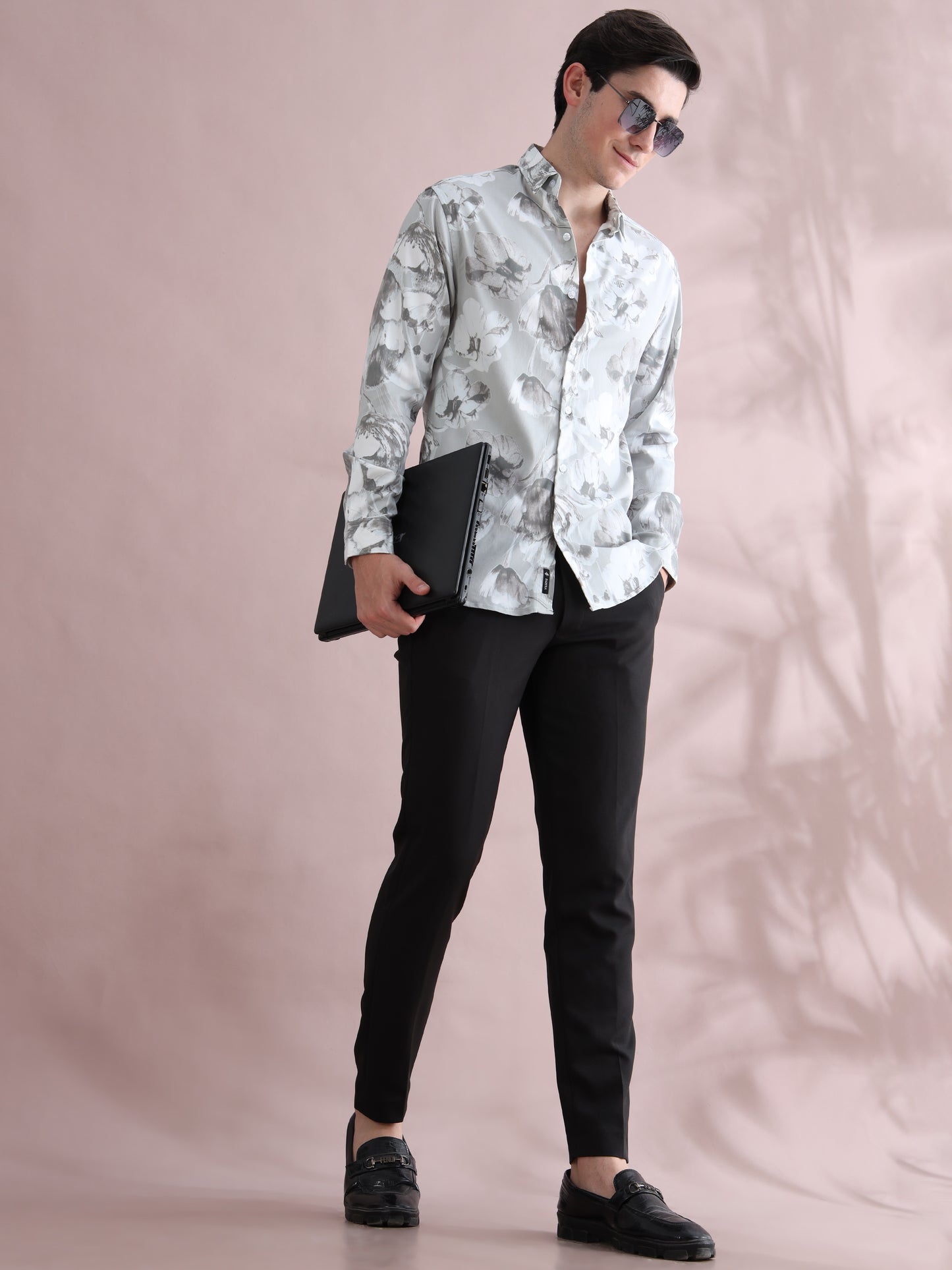 Full Sleeve Grey Printed Lycra Shirt for Men