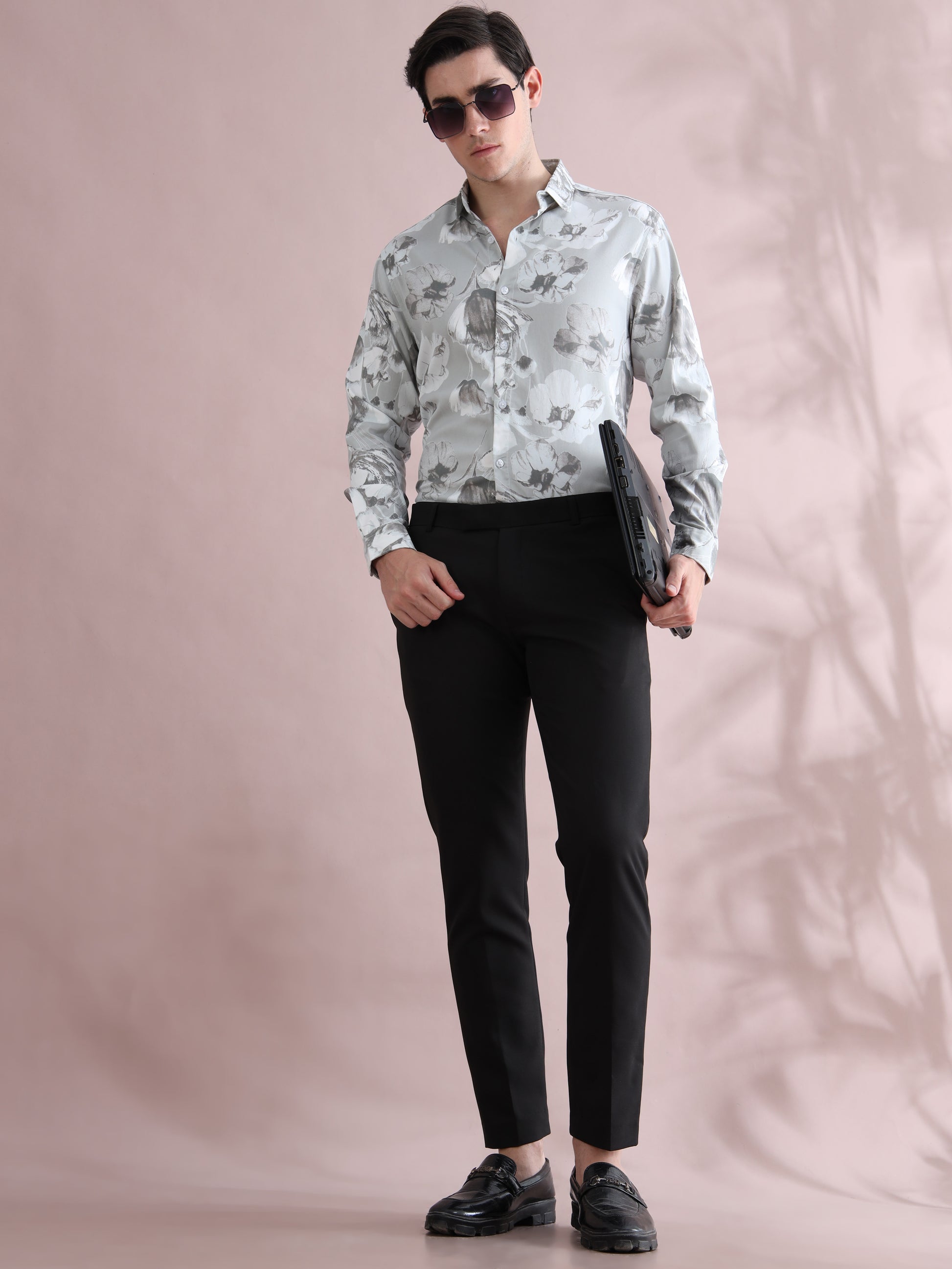 Full Sleeve Grey Printed Lycra Shirt for Men