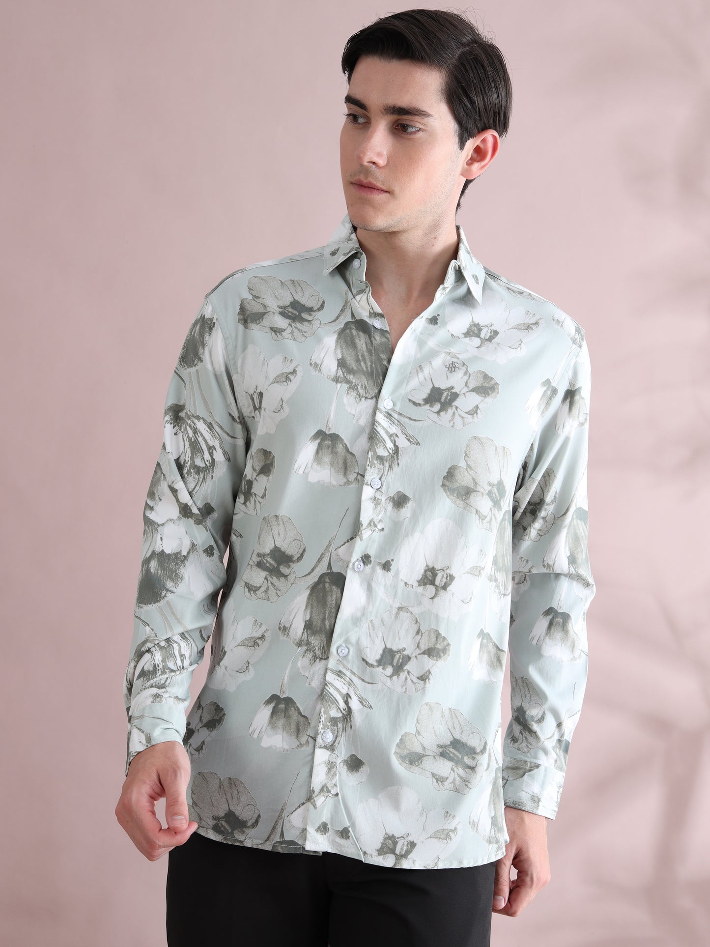 Full sleeve Green Lycra Printed Shirts  for Men
