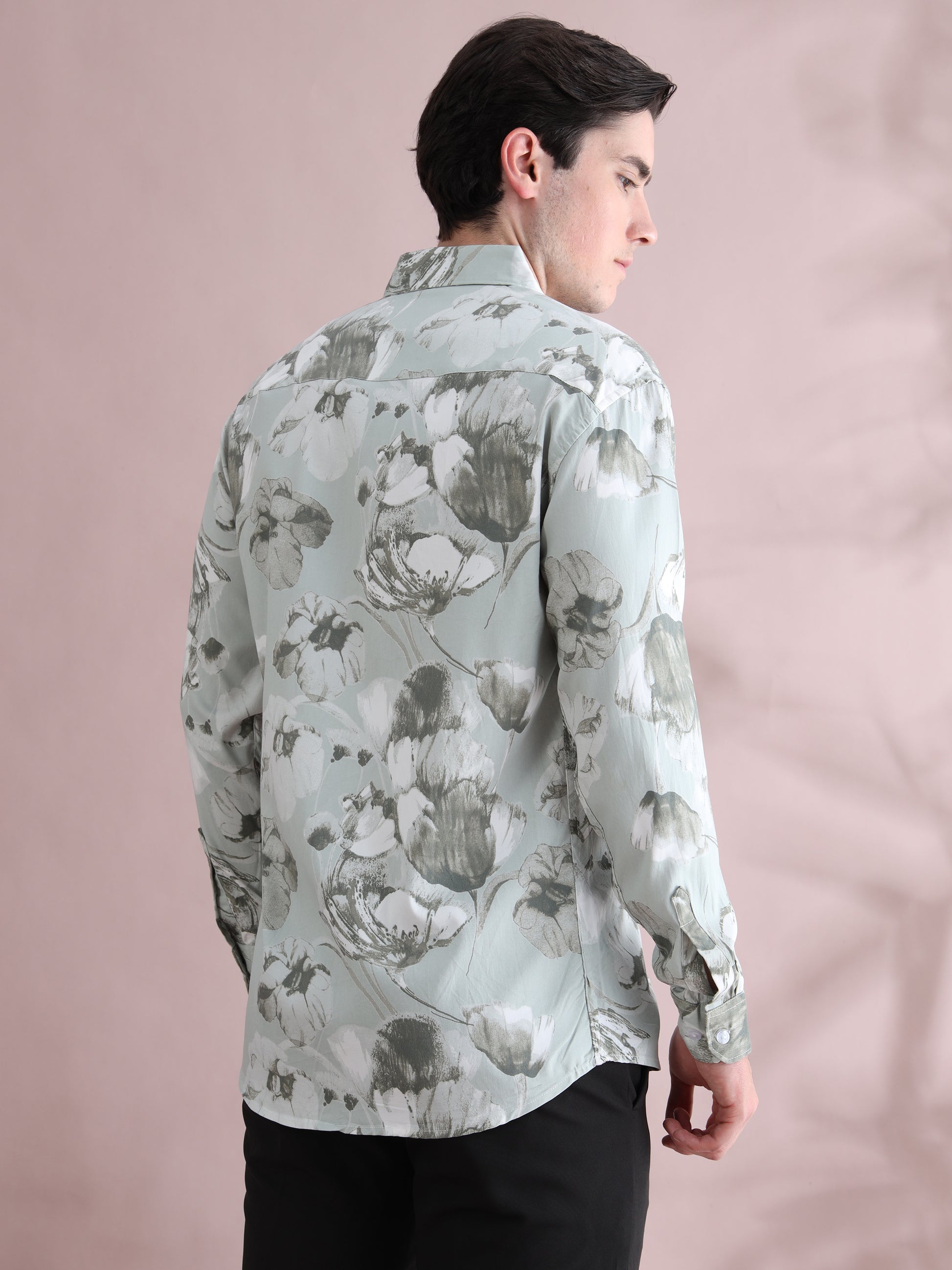 Full sleeve Green Lycra Printed Shirts  for Men