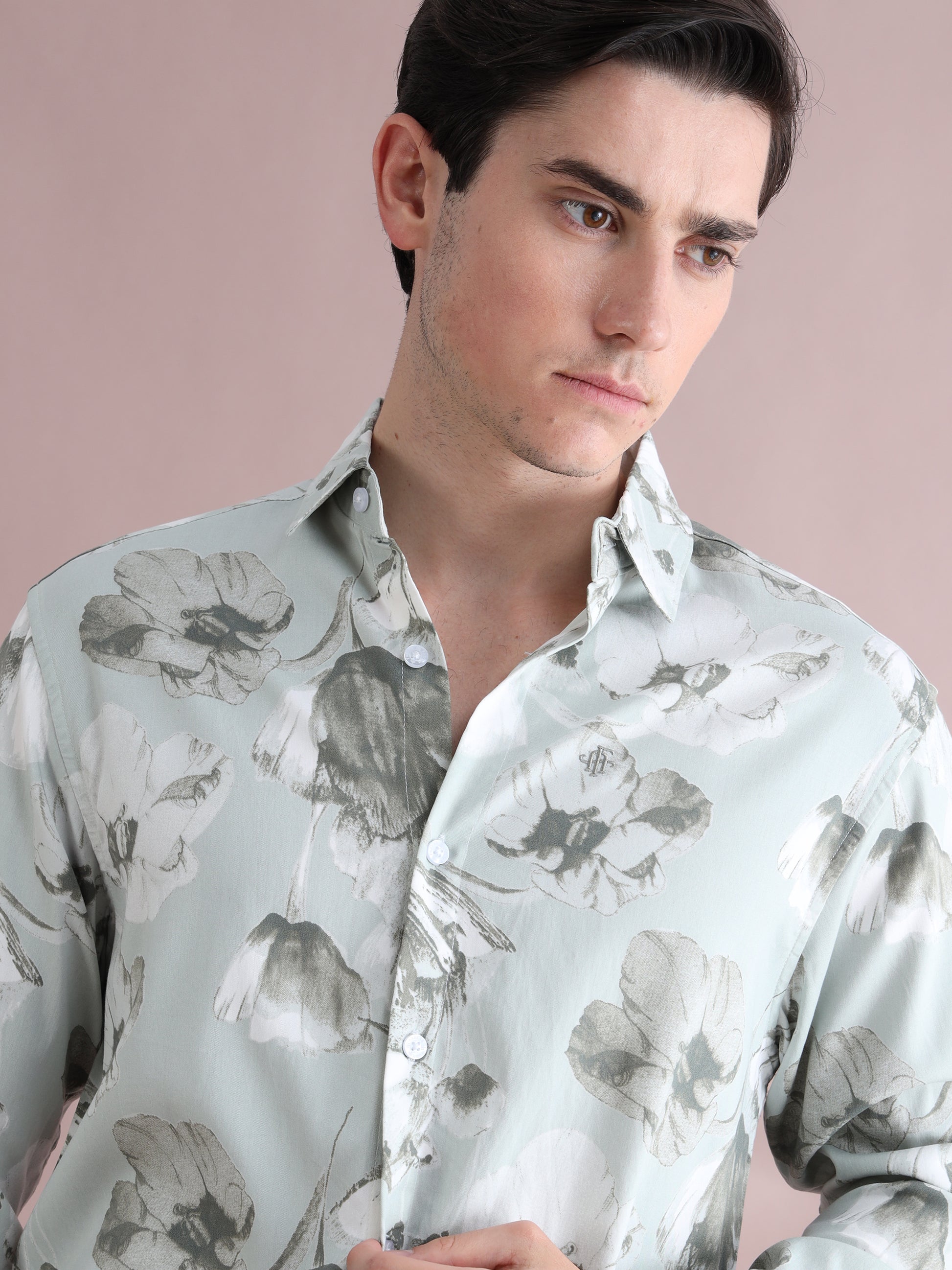 Full sleeve Green Lycra Printed Shirts  for Men