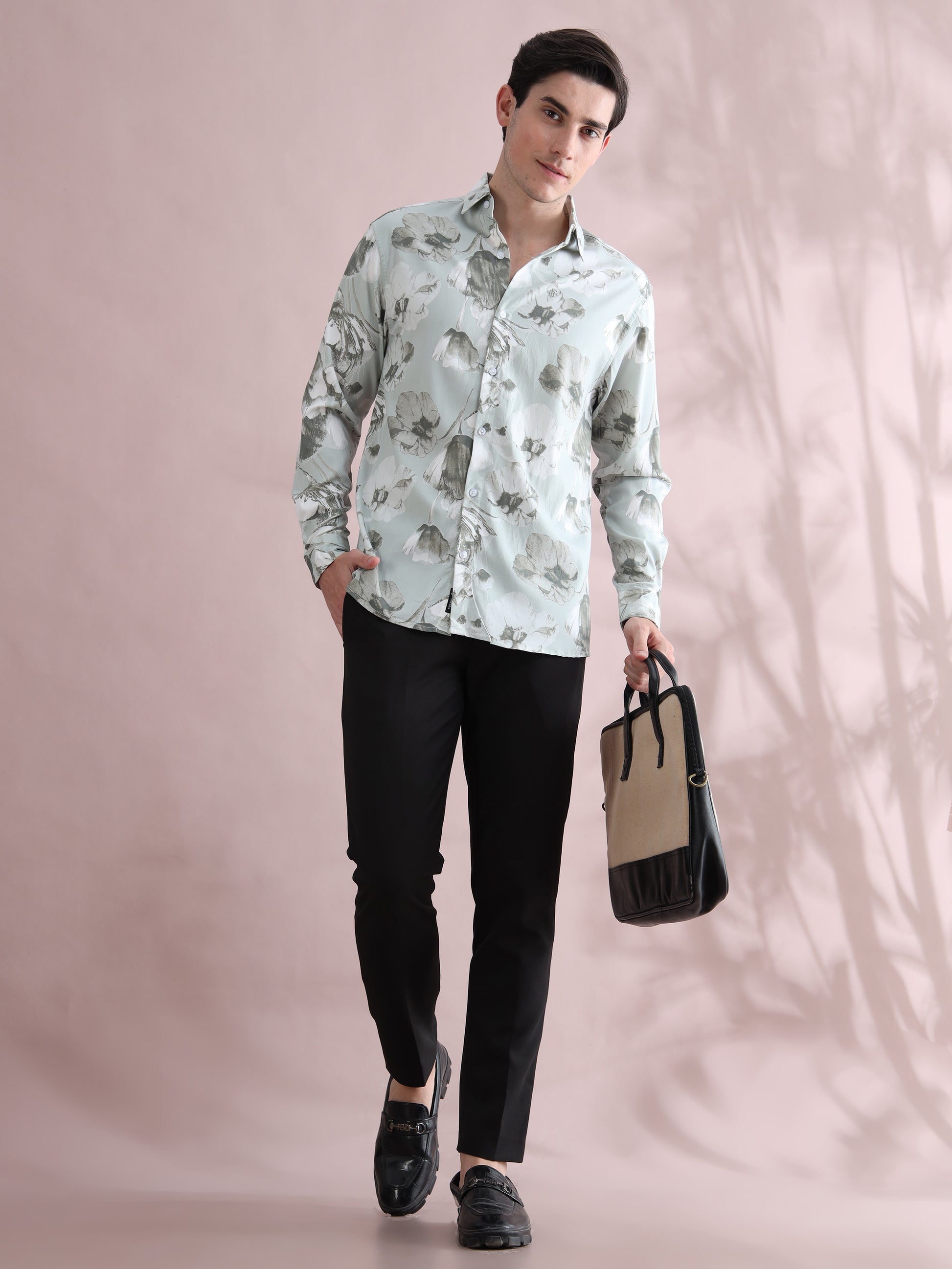 Full sleeve Green Lycra Printed Shirts  for Men