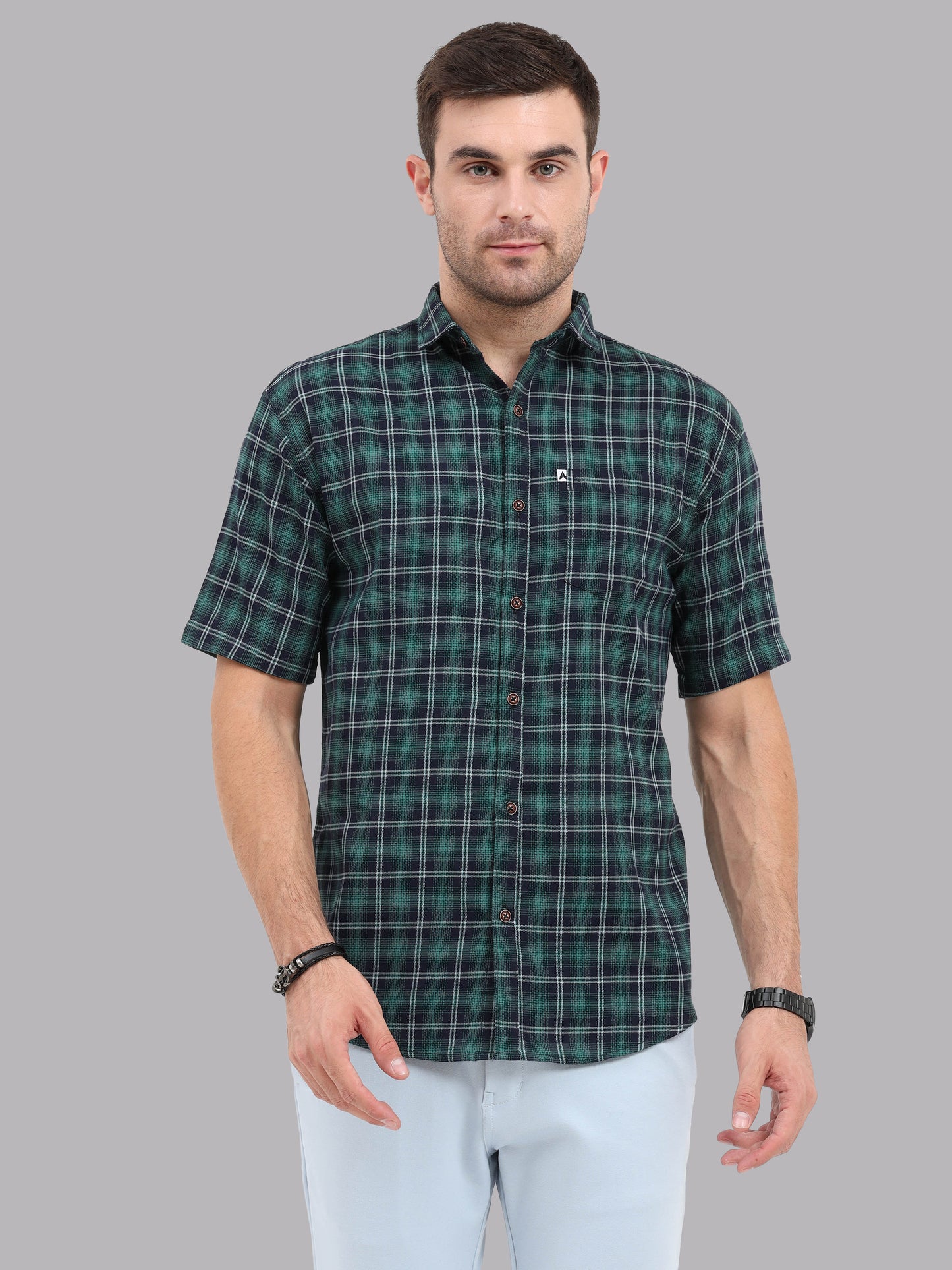 Half Sleeve Buffalo Green and Black Check Shirt for Men