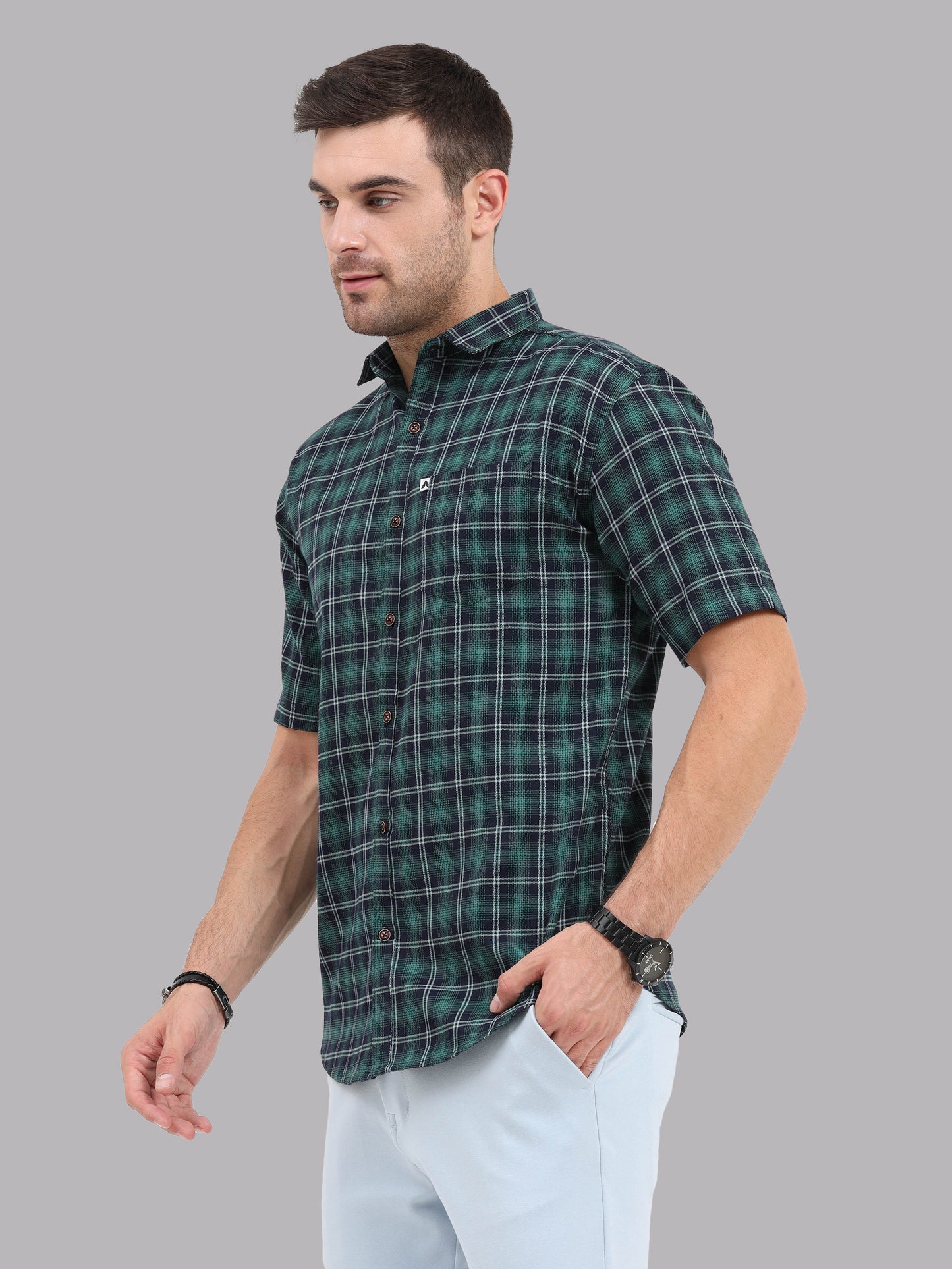 Half Sleeve Buffalo Green and Black Check Shirt for Men