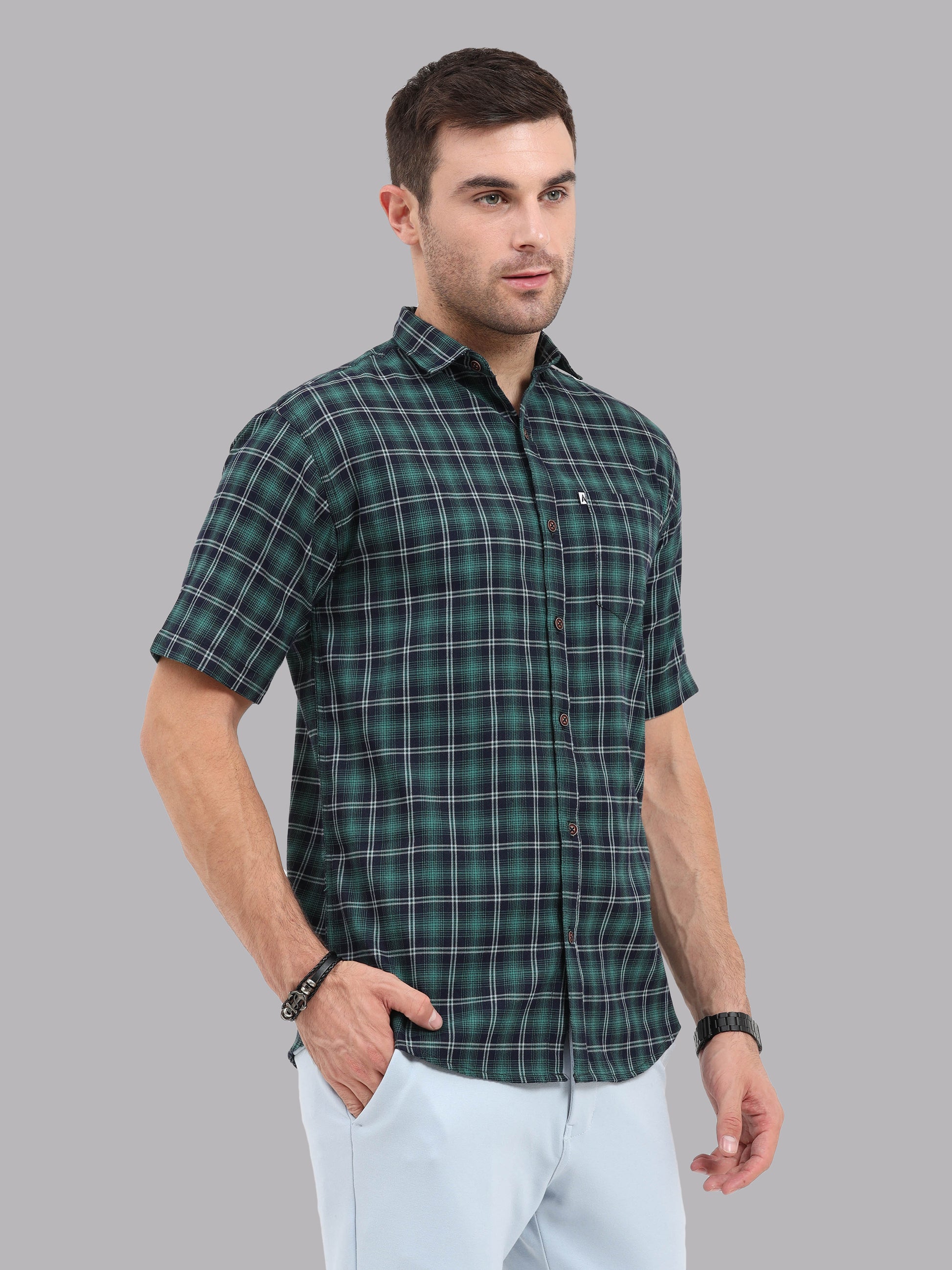 Half Sleeve Buffalo Green and Black Check Shirt for Men