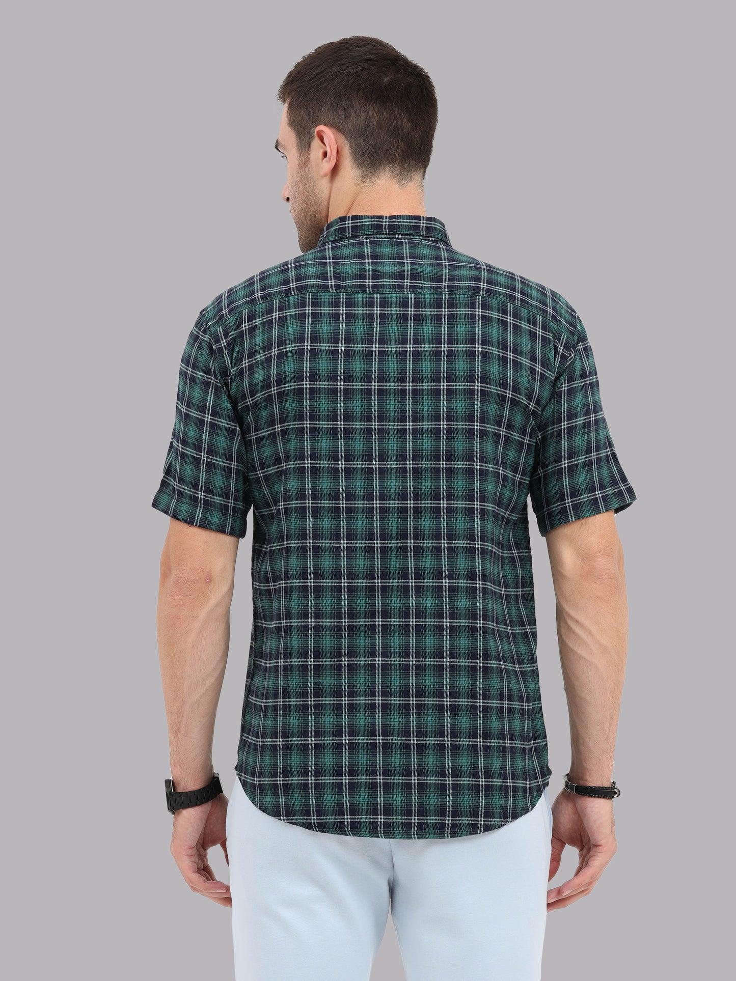 Half Sleeve Buffalo Green and Black Check Shirt for Men