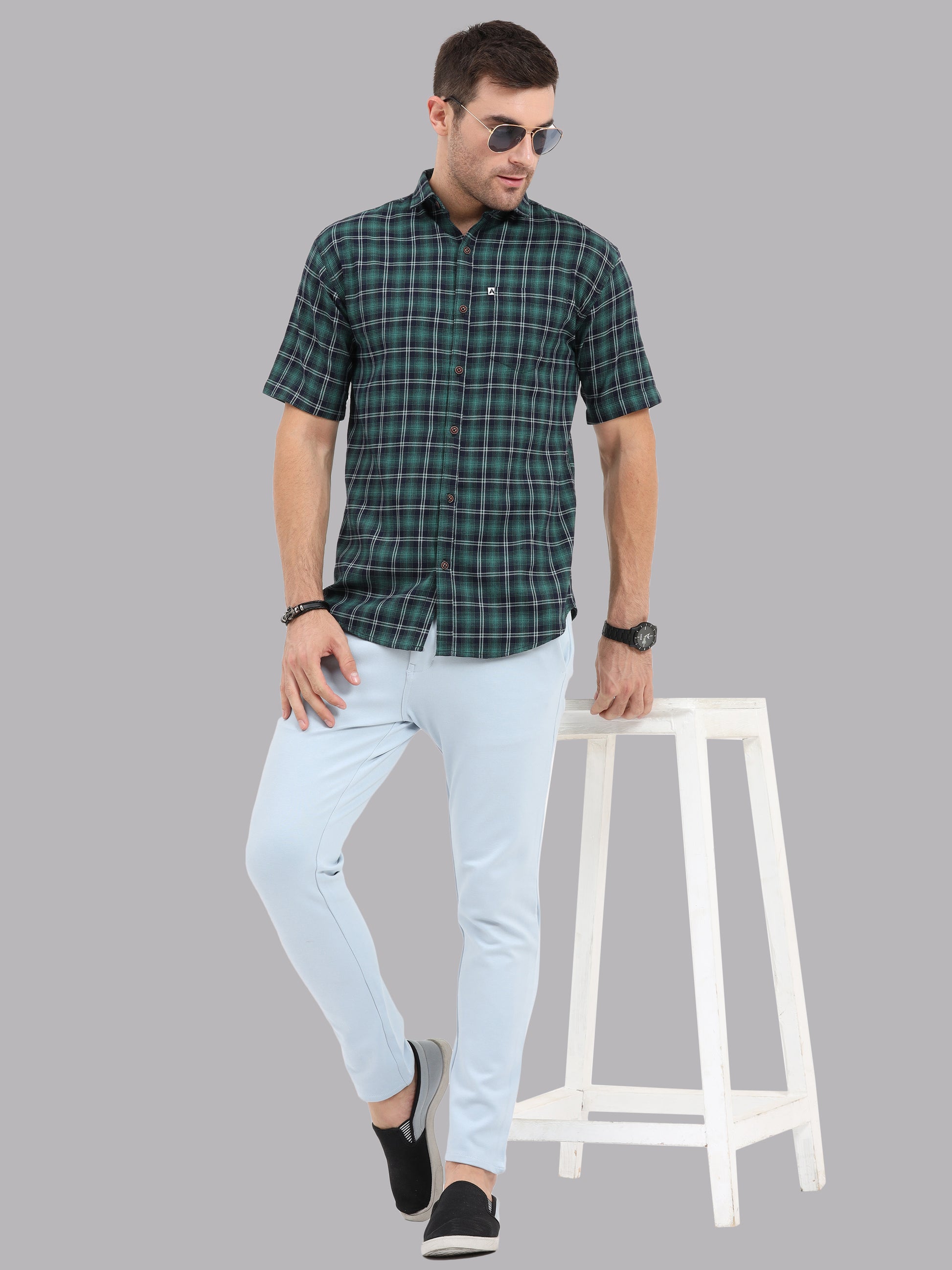 Half Sleeve Buffalo Green and Black Check Shirt for Men