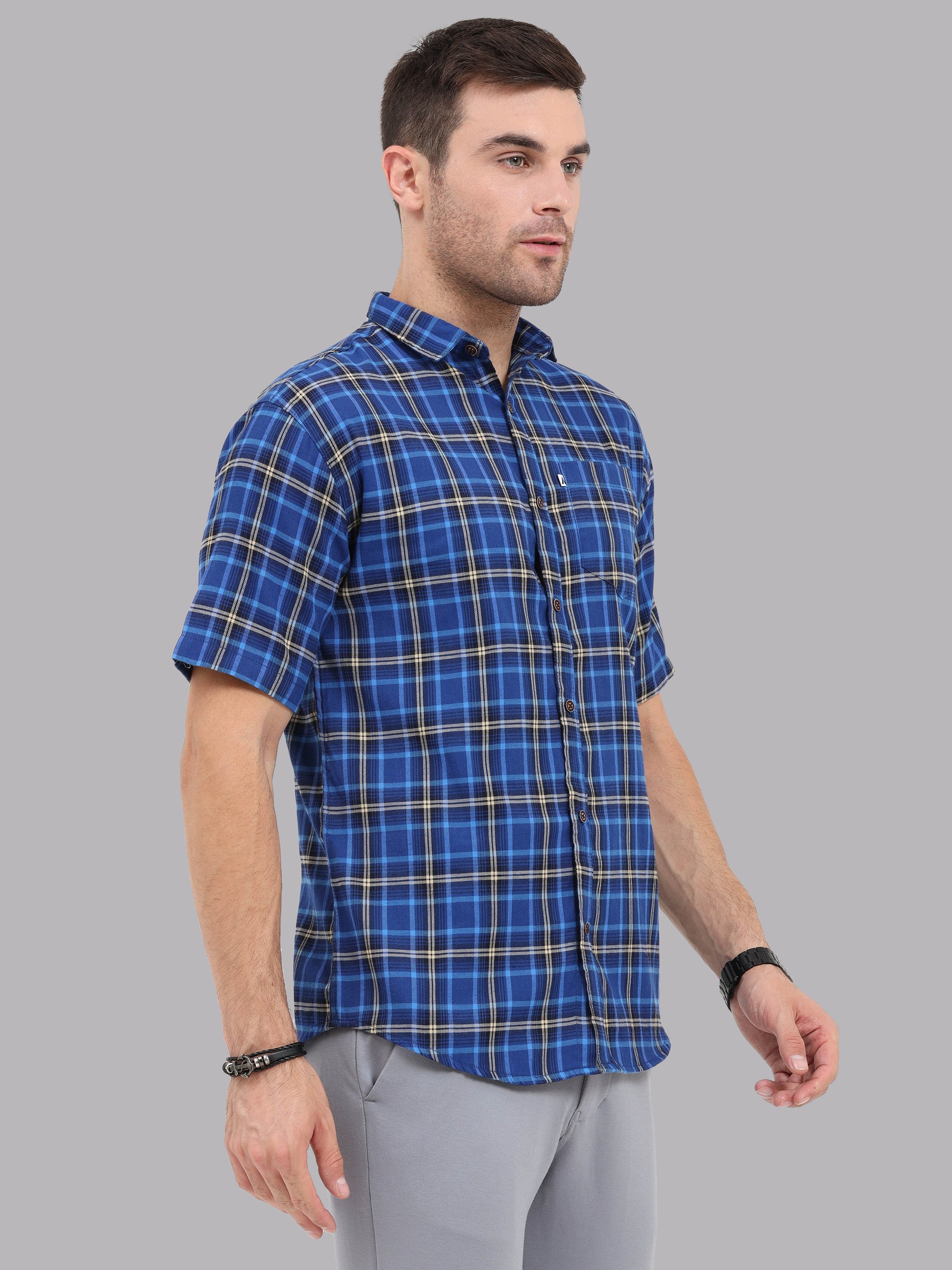 Half Sleeve Buffalo Royal Blue Check Shirt for Men