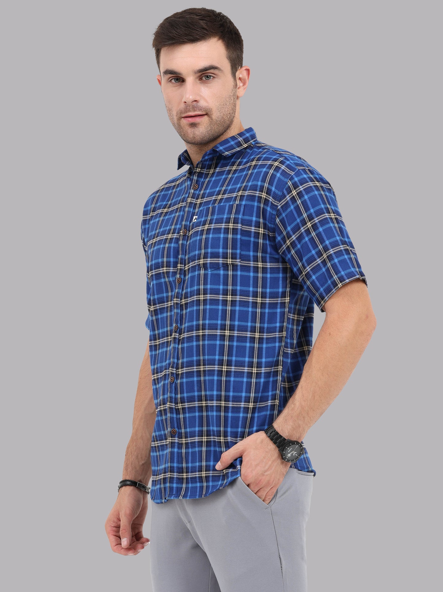Half Sleeve Buffalo Royal Blue Check Shirt for Men