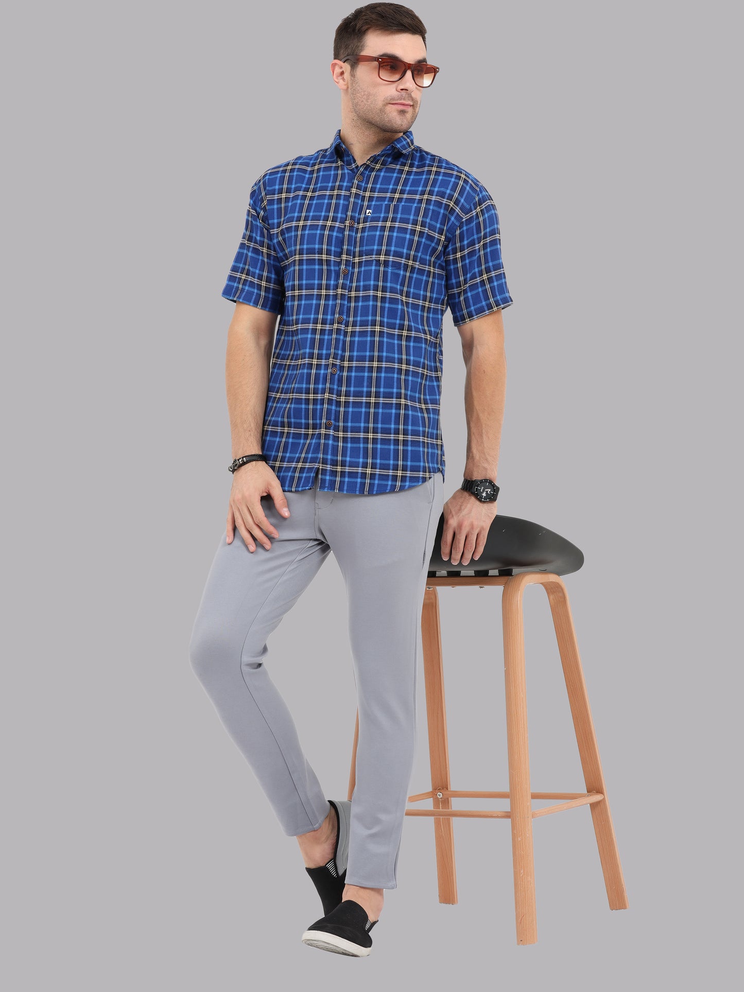 Half Sleeve Buffalo Royal Blue Check Shirt for Men