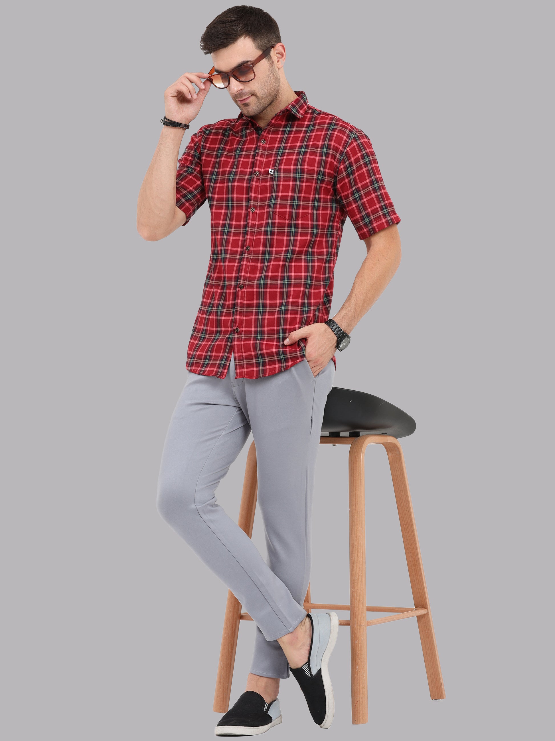 Half Sleeve Buffalo Mens Red Check Shirt Regular Fit