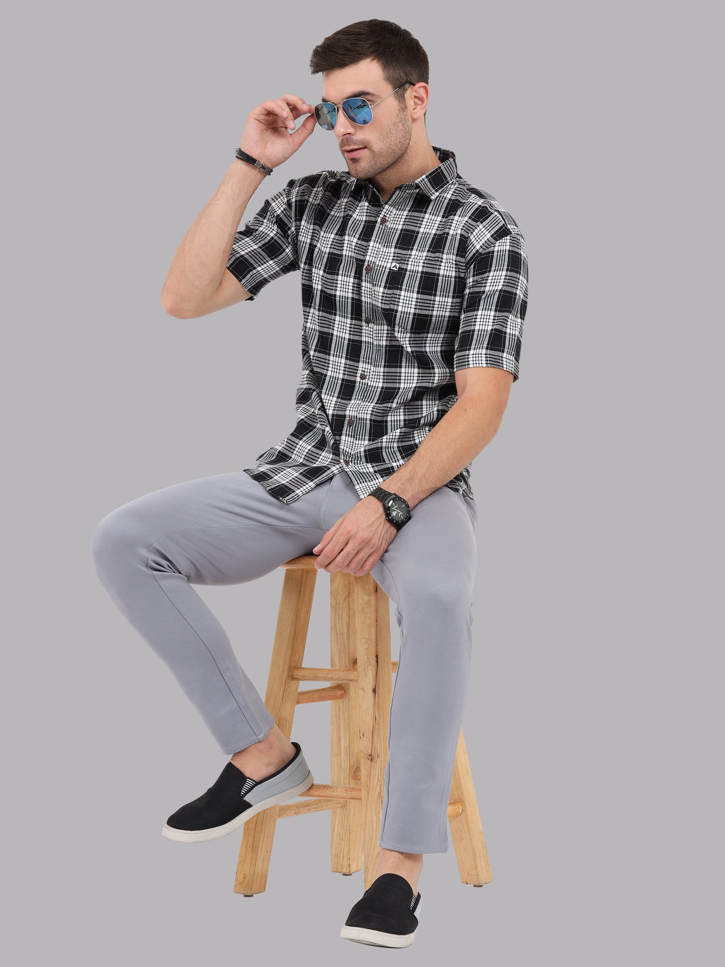 Half Sleeve Buffalo Black White Check Shirt for Men