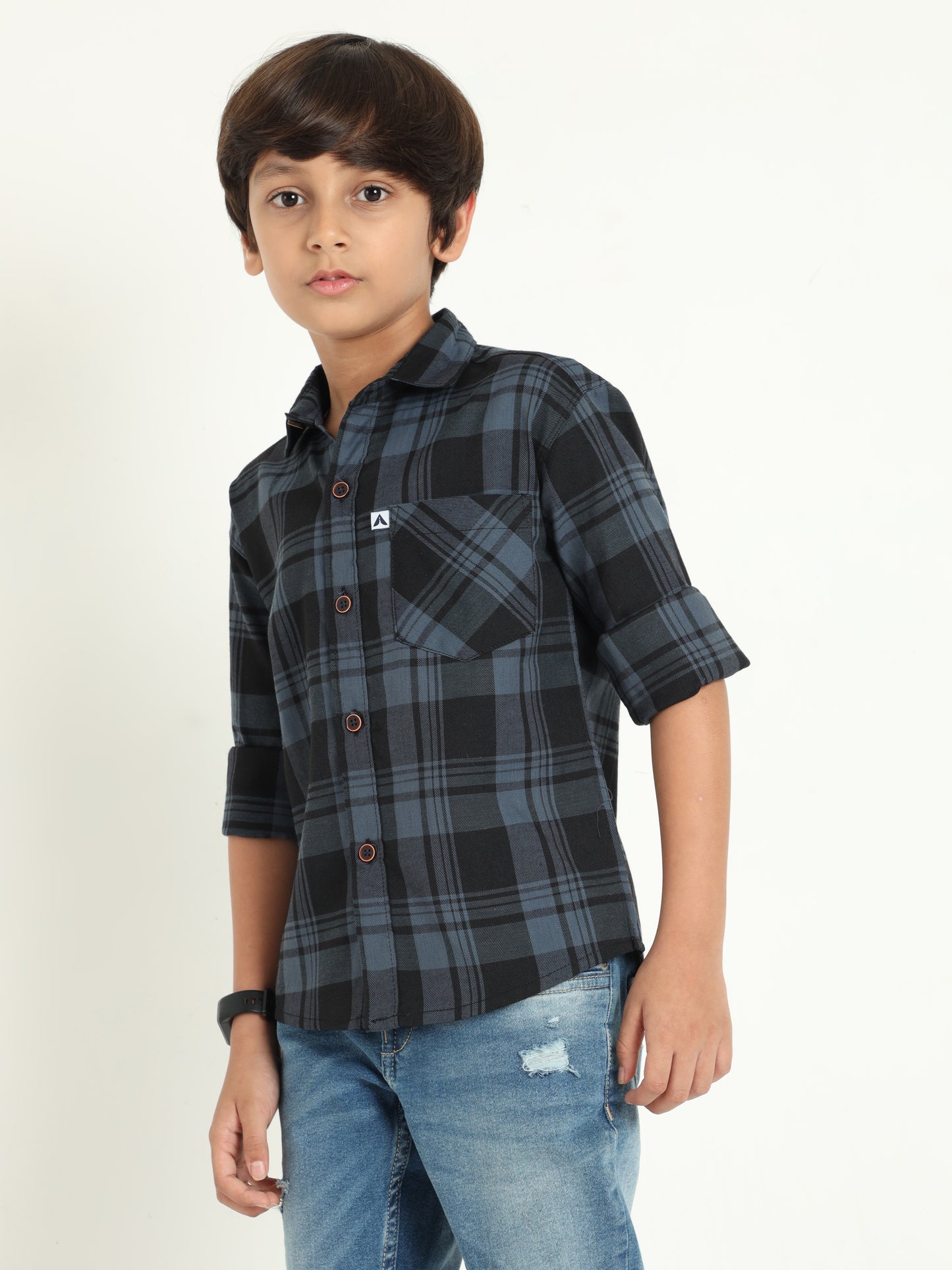 Wanted Cotton Blend Grey Checks Boys Long Sleeve Shirts