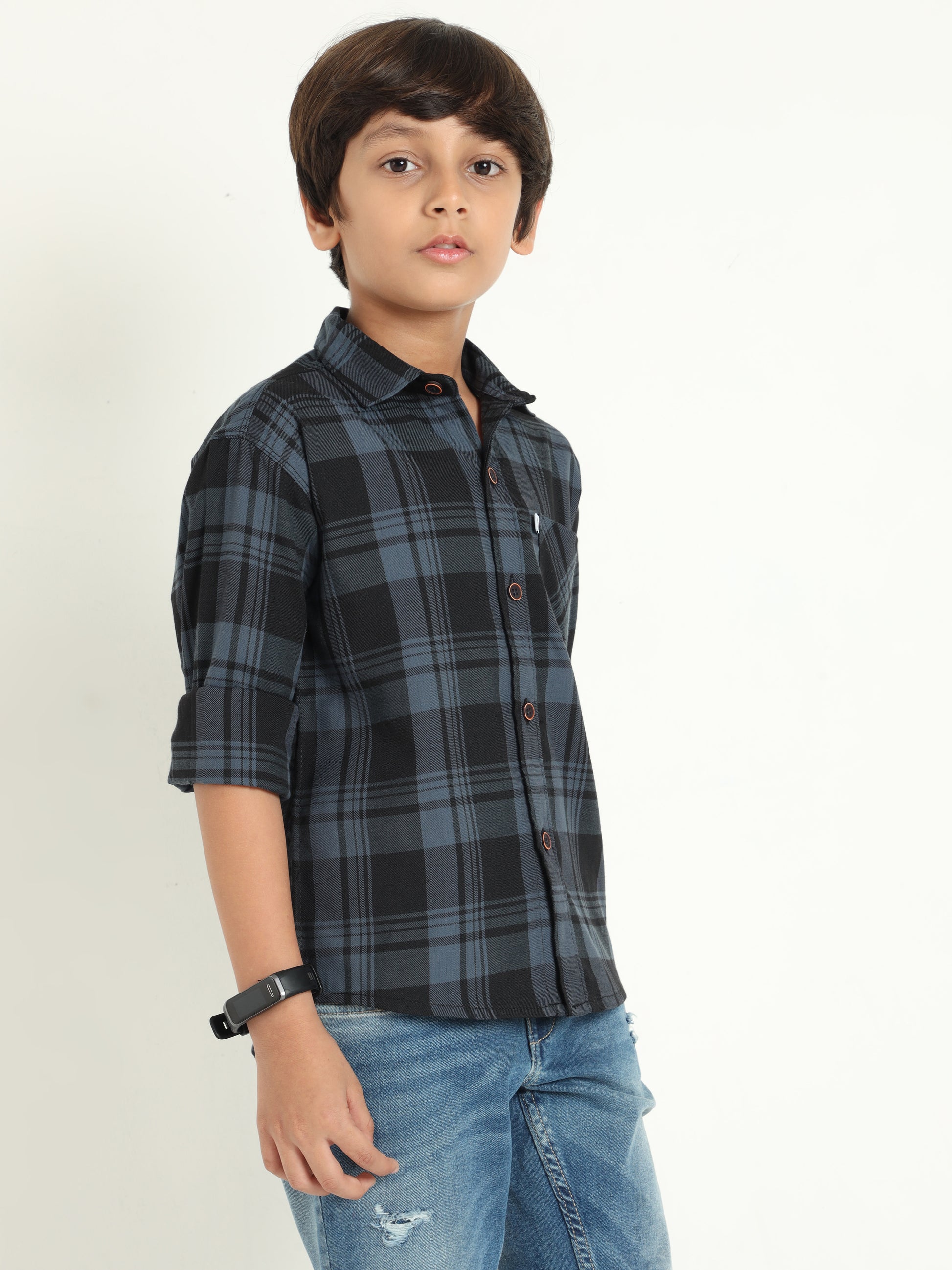 Wanted Cotton Blend Grey Checks Boys Long Sleeve Shirts