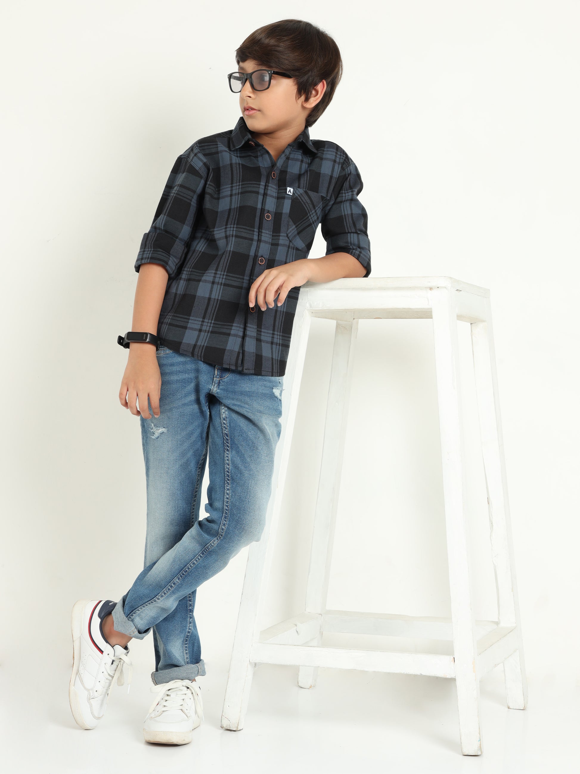 Wanted Cotton Blend Grey Checks Boys Long Sleeve Shirts