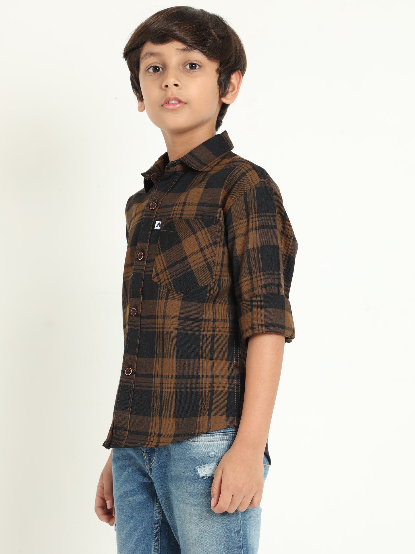 Wanted Cotton Blend Brown Checks Full Sleeve Shirts For Boys