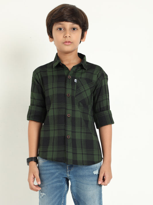 Cotton Blend Checks Wanted Boys Green Dress Shirt