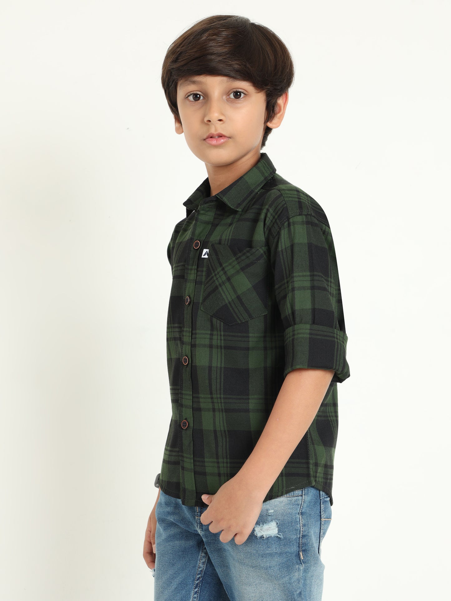 Cotton Blend Checks Wanted Boys Green Dress Shirt