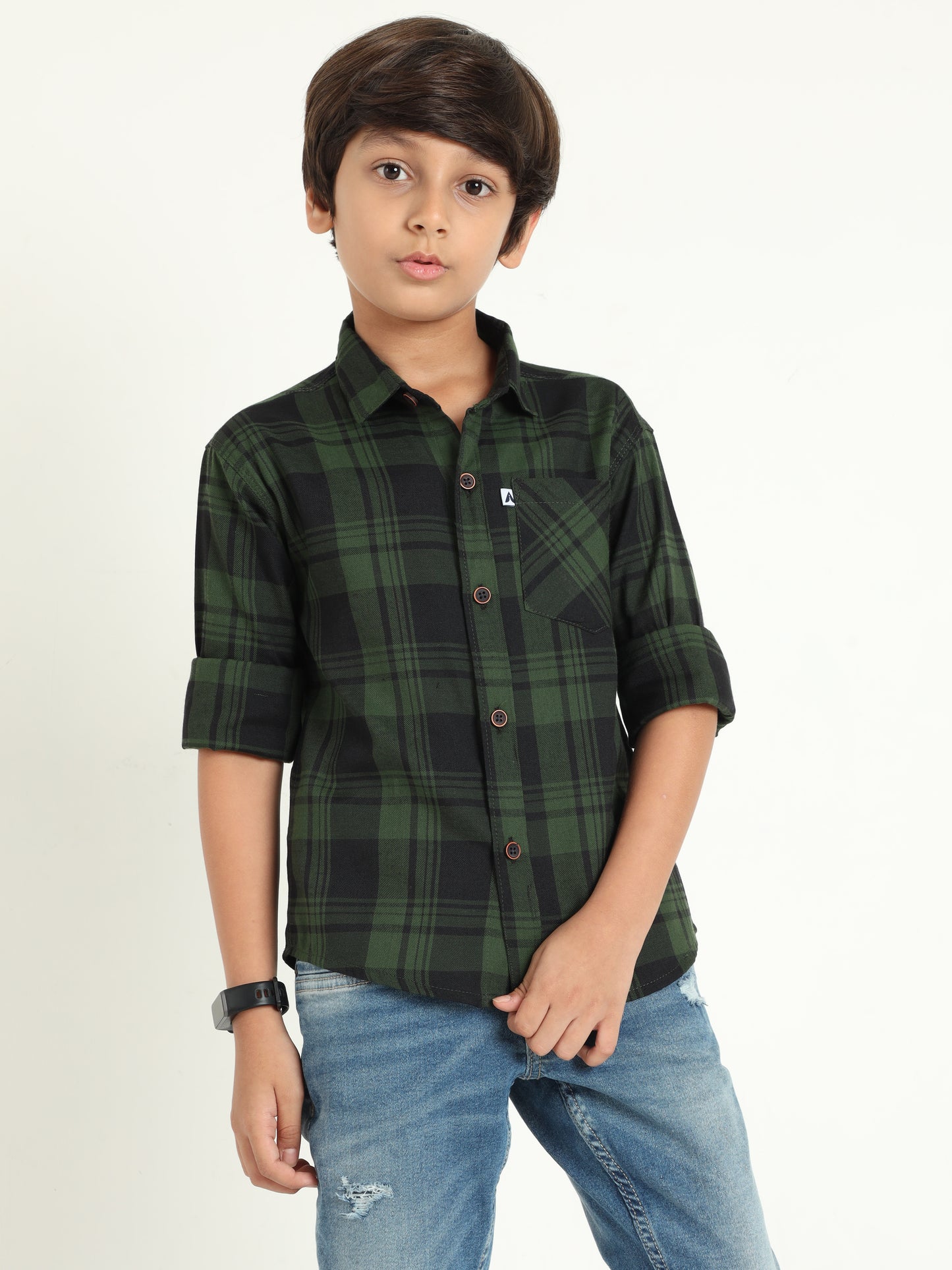 Cotton Blend Checks Wanted Boys Green Dress Shirt