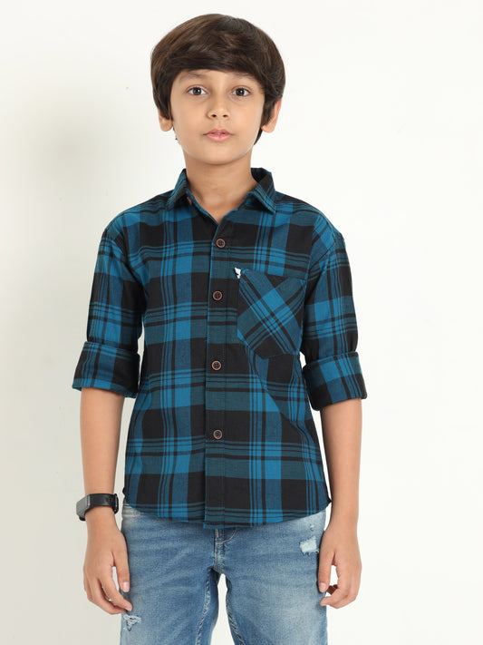 Cotton Blend Checks Wanted Boys Navy Shirt