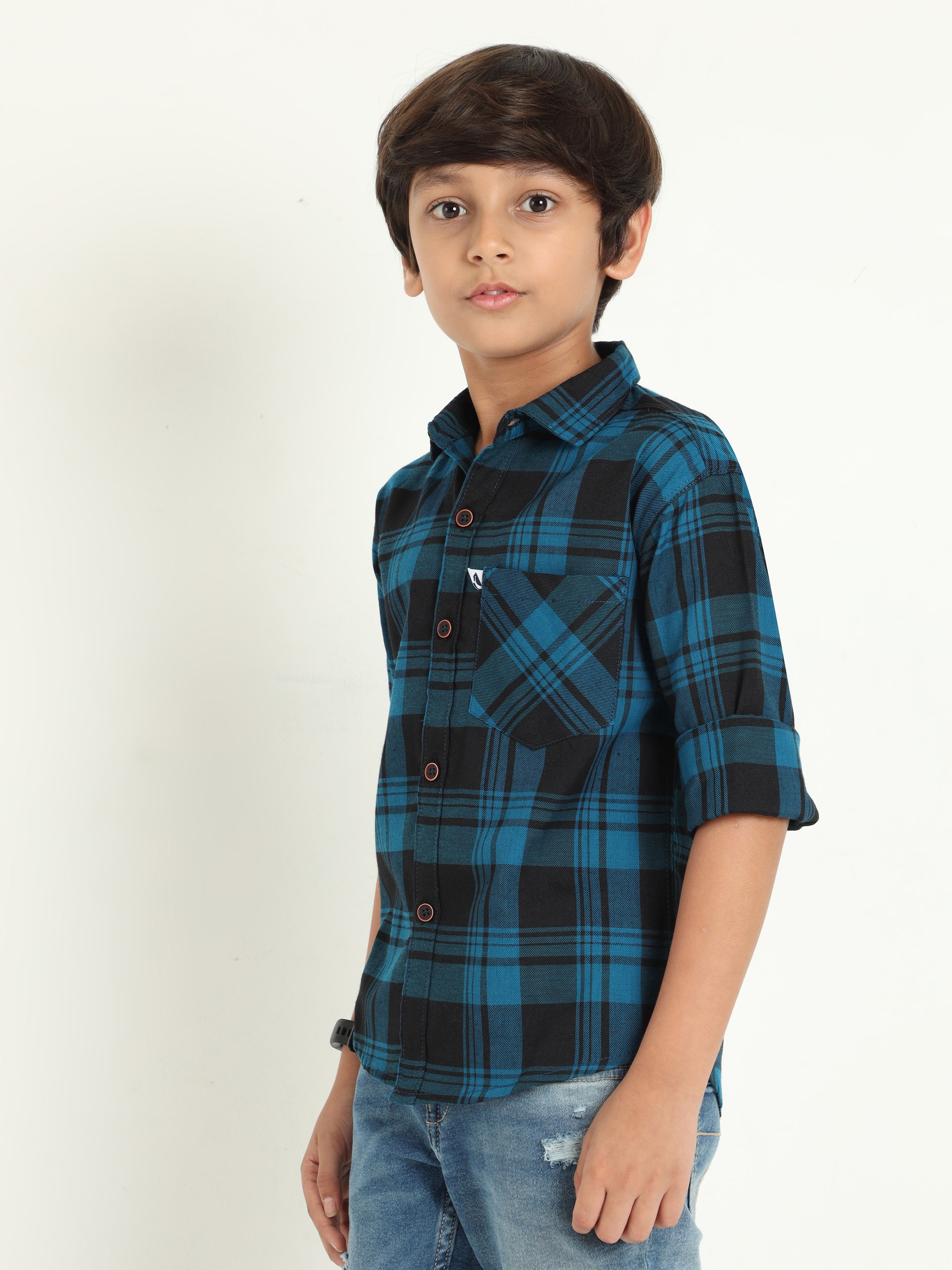 Cotton Blend Checks Wanted Boys Navy Shirt