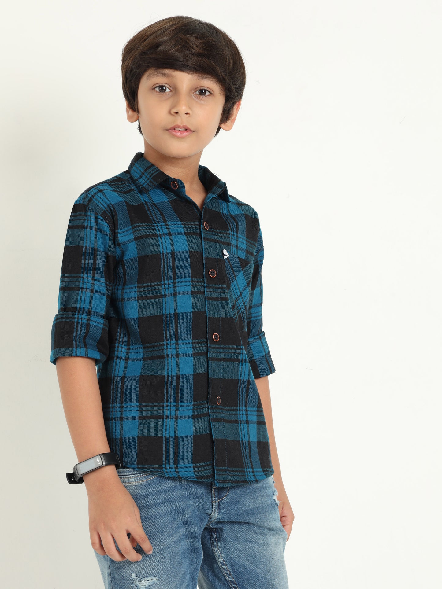 Cotton Blend Checks Wanted Boys Navy Shirt